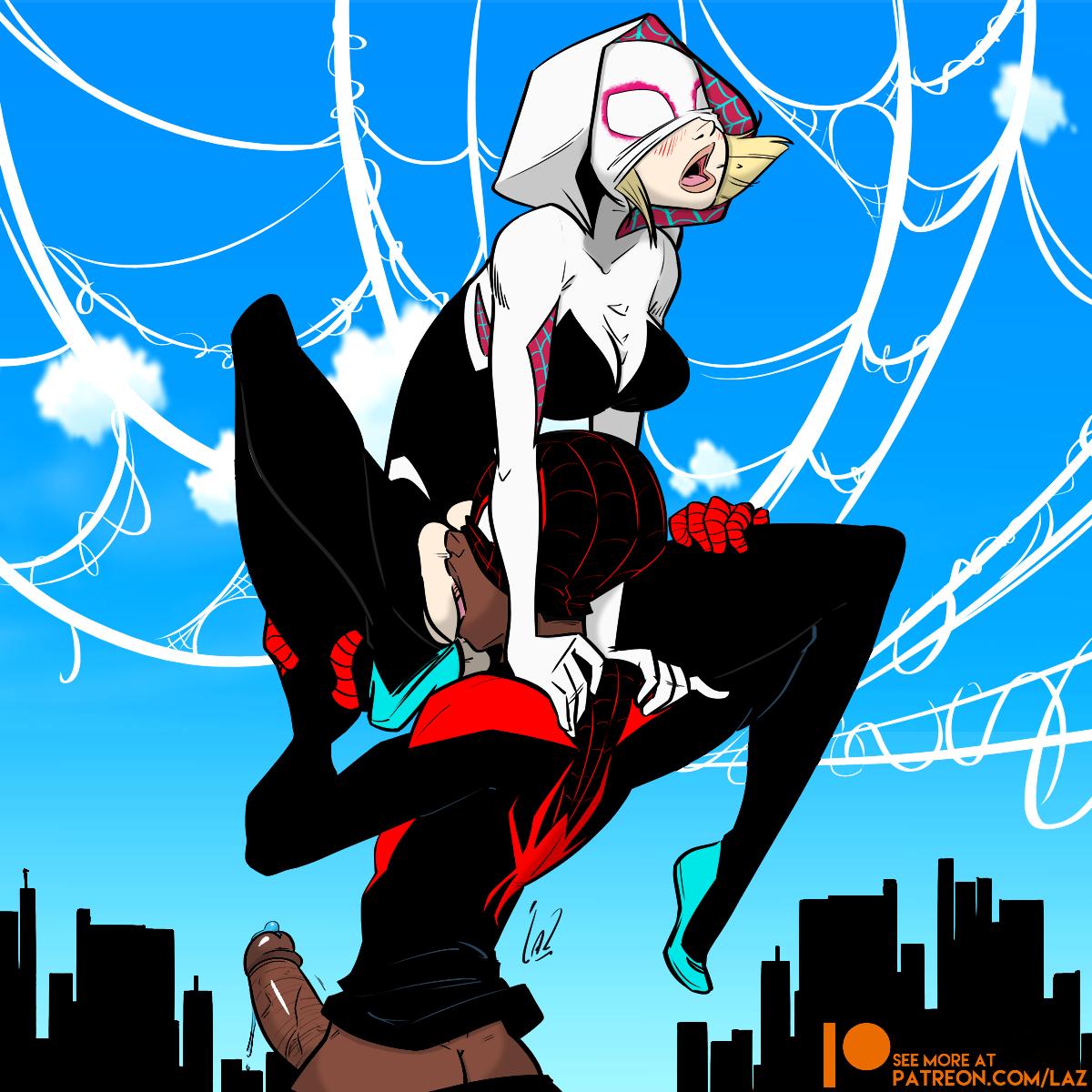 1boy, 1girls, breasts, busty, cunnilingus, dark skin, dark-skinned male, edit, female, female focus, gwen stacy, hourglass figure, interracial, laz (madefromlazers), male, marvel, marvel comics, miles morales, penis, pinup, pinup pose, pose, posing, risenhentaidemon, sex, spider-gwen, spider-man (series), straight, superhero, superheroine, tagme, wide hips