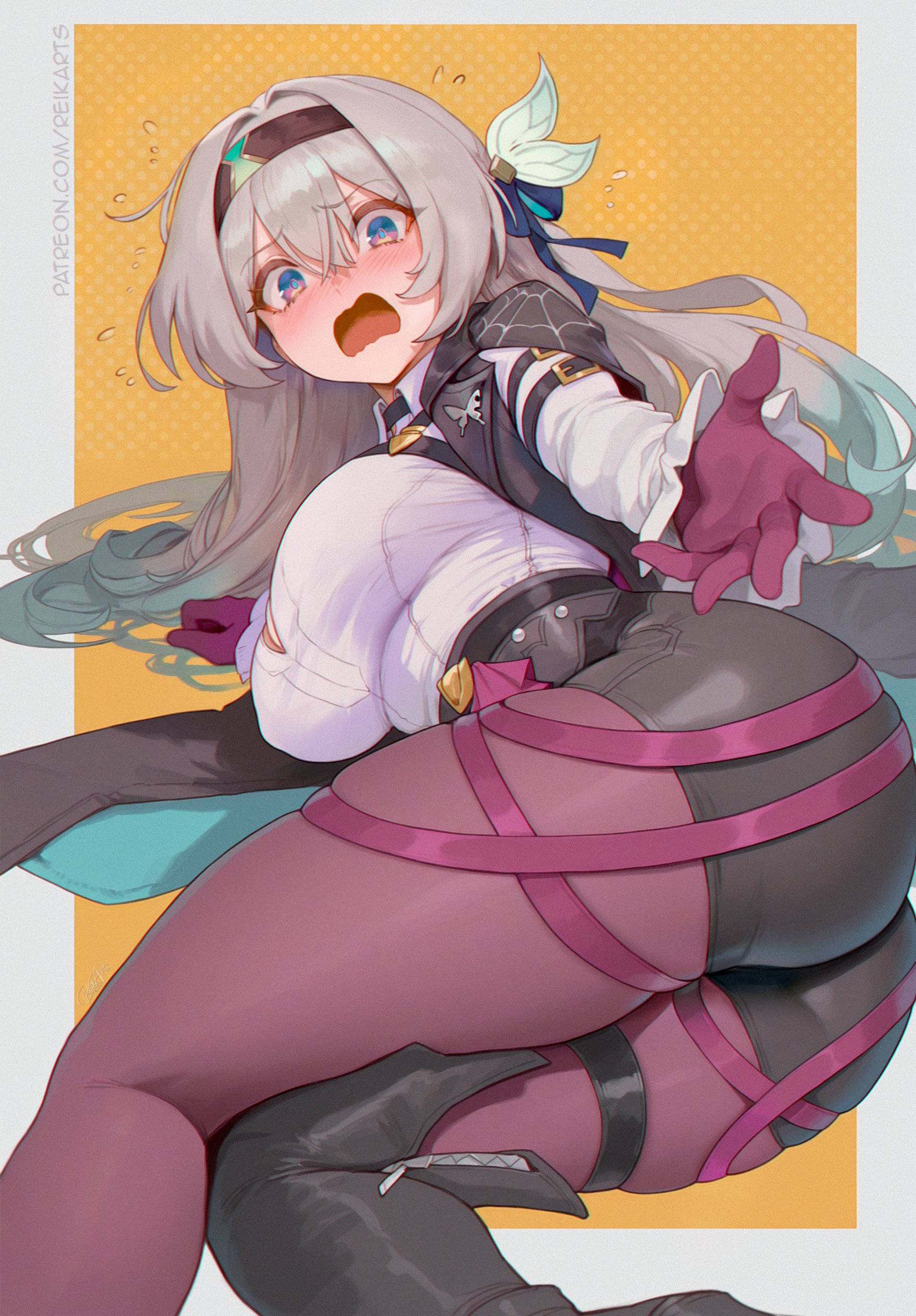 ai generated, ass, blush, breasts, cosplay, embarrassed, female, firefly (honkai: star rail), flying sweatdrops, from below, gloves, green eyes, grey hair, hair ornament, hair ribbon, hairband, honkai: star rail, kafka (honkai: star rail), kafka (honkai: star rail) (cosplay), large breasts, long hair, looking at viewer, lying, on side, open mouth, pantyhose, pantyhose under shorts, reaching, reaching towards viewer, reikarts, short shorts, solo, very long hair
