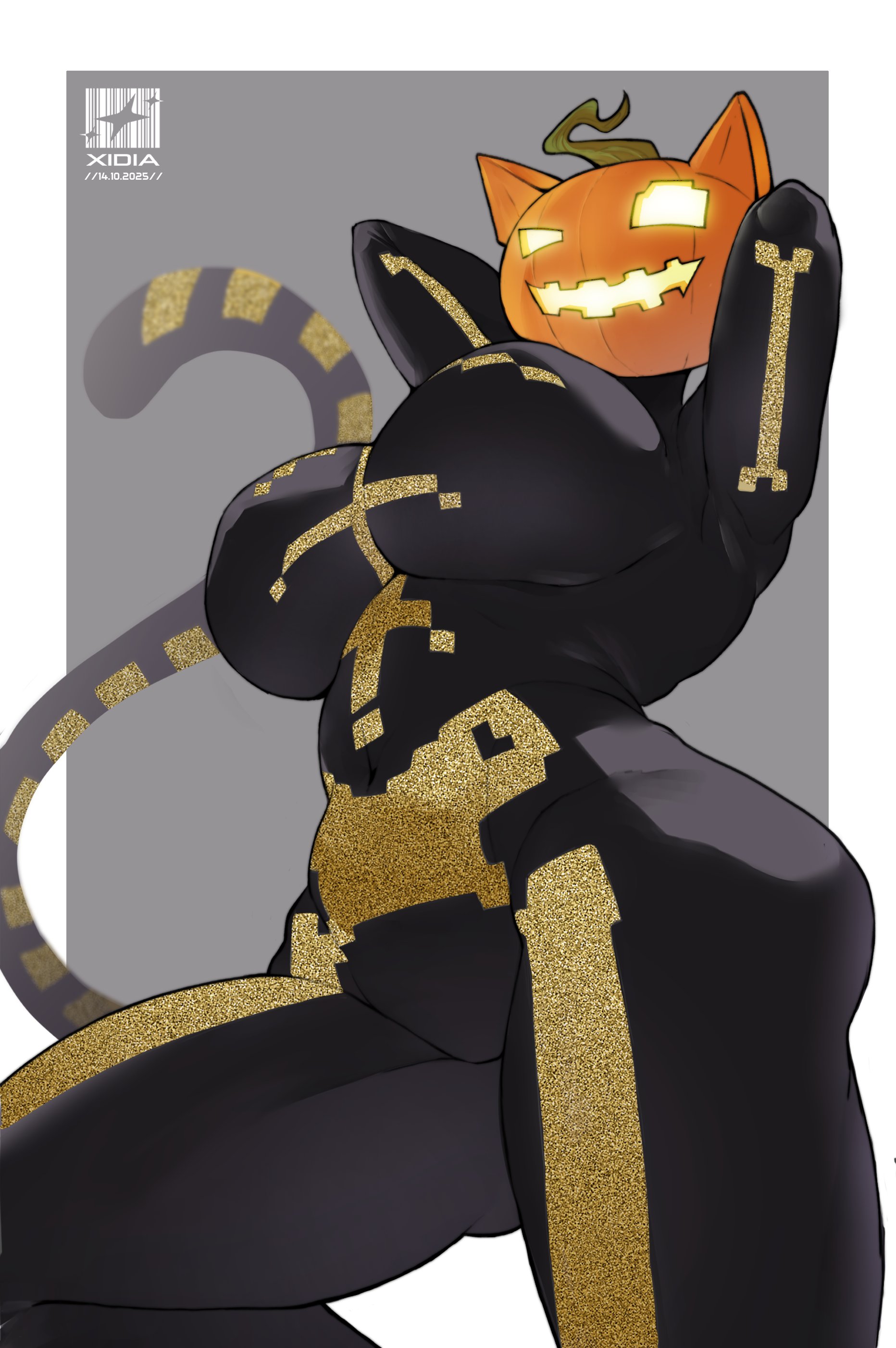 anthro, artist name, artist request, big boobs, big breasts, breasts, cat ears, cat girl, cat tail, catgirl, female, fortnite, pumpkin, pumpkin head, spice (fortnite), tight clothing