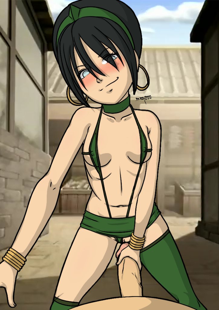 1boy, 1girls, avatar the last airbender, blush, breasts, clothing, edit, female, hoop earrings, male, microskirt, nickelodeon, penis, pinup, pinup pose, pose, posing, revealing clothes, risenhentaidemon, sex, skirt, small breasts, stockings, swimsuit, tagme, the dark mangaka, toph bei fong
