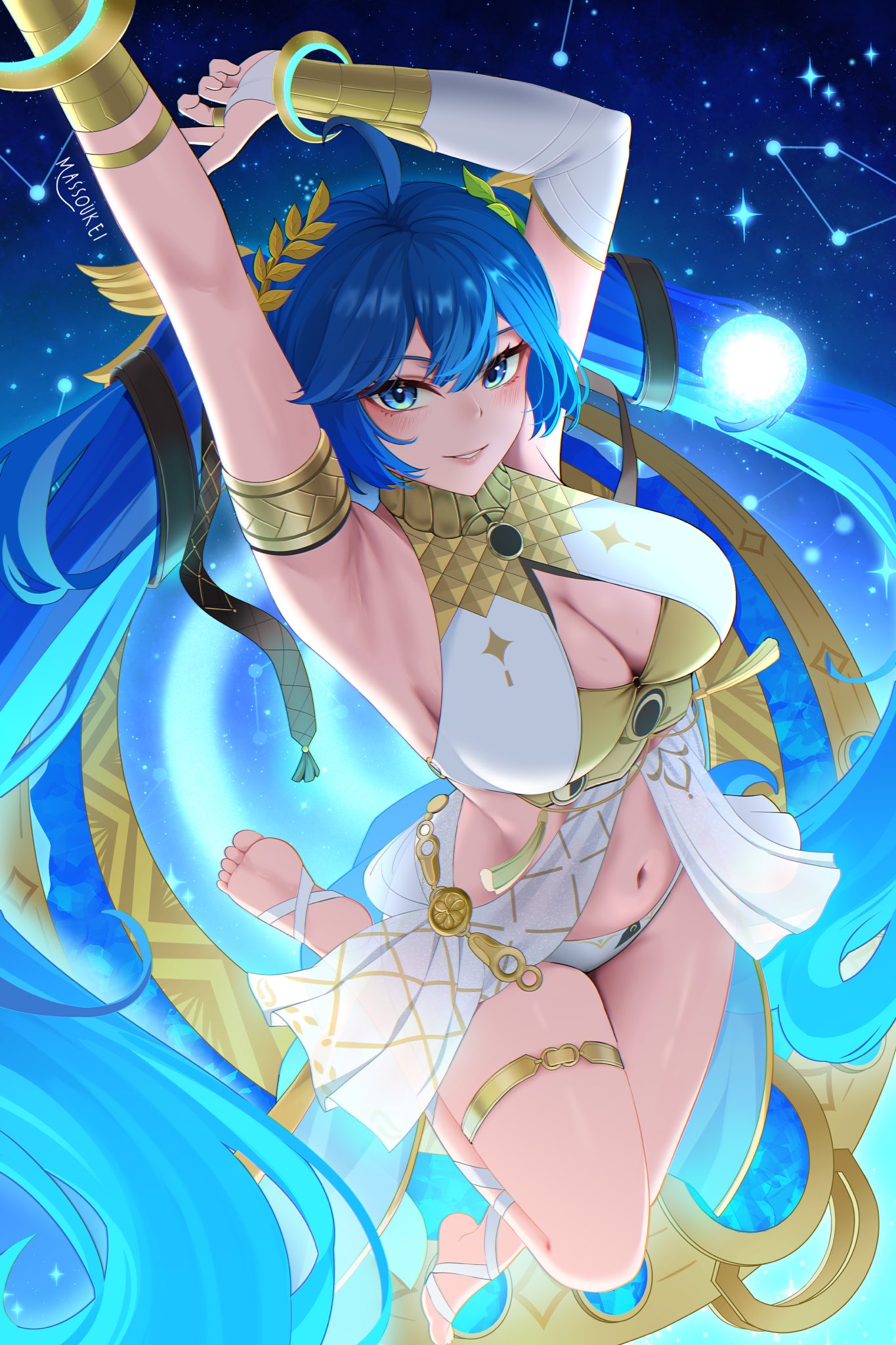 armlet, armpits, barefoot, blue eyes, blue hair, breasts, bridal gauntlets, cleavage, female, iuno (wuthering waves), jewelry, large breasts, laurel crown, long hair, massoukei, navel, smile, solo, thighlet, twintails, vambraces, wuthering waves