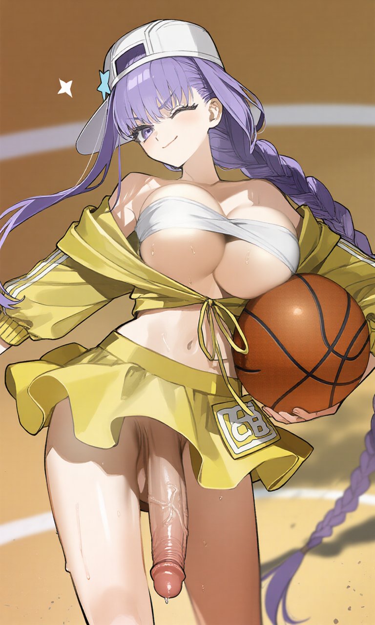 ai generated, basket, basketball, bb (fate), bb (swimsuit mooncancer), big breasts, big penis, breasts, fate (series), fate/grand order, futa only, futanari, intersex, looking at viewer, looking up, penis, sasakiwiwi, smug, solo, solo focus, solo futa, sweat