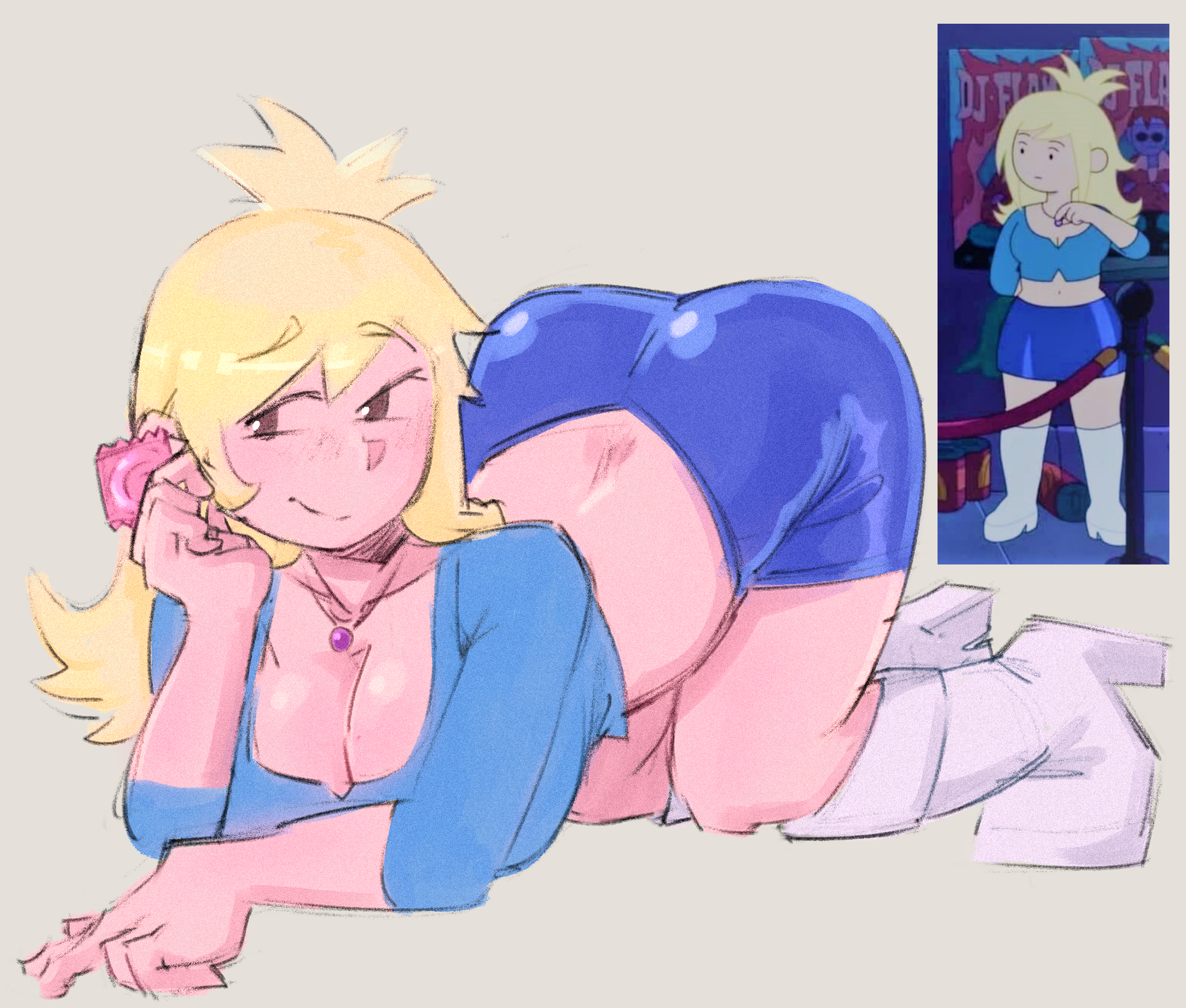adventure time, big breasts, blonde hair, blue skirt, blue topwear, breasts, cartoon network, condom, fanart, female, fionna and cake, fionna campbell, fionna campbell (club outfit), fionna the human girl, looking at viewer, skirt, skuunk02