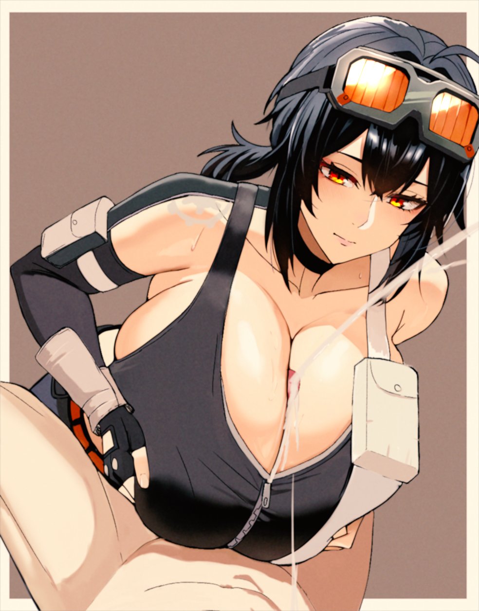 1boy, 1girls, black hair, breasts, cum, cumshot, ejaculation, ejaculation between breasts, eyewear on head, female, female focus, goggles on head, grace howard, hitomaru, hoyoverse, huge breasts, light skin, light-skinned female, light-skinned male, male, mihoyo, mihoyo technology (shanghai) co. ltd., outercourse, pain, paizuri, partial male, unseen male face, zenless zone zero