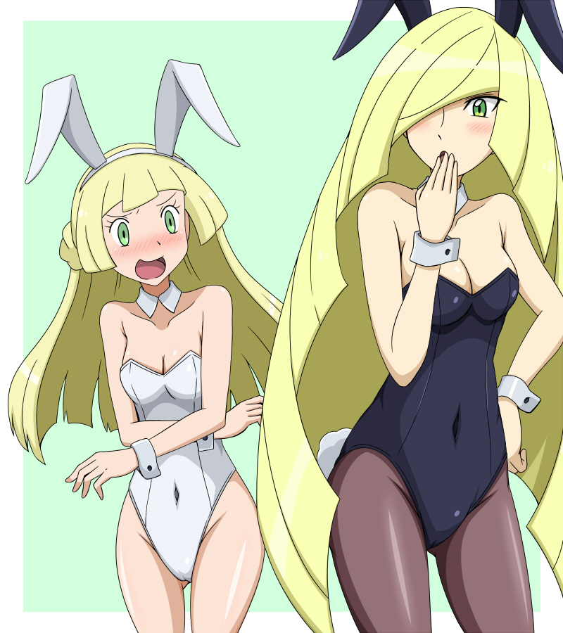 2girls aether_foundation alternate_costume animal_ears bare_shoulders belly_button big_breasts black_legwear black_leotard blonde_hair blonde_hair_over_one_eye blush border braid breasts bunny_ears bunny_tail bunnysuit cameltoe cleavage collarbone covered_navel covering_mouth cowboy_shot detached_collar embarrassed fake_animal_ears female female_focus female_only french_braid green_background green_eyes hair_over_one_eye hand_on_hip hand_up headband human kuro_hopper leotard lillie_(pokemon) long_blonde_hair long_hair lusamine_(pokemon) medium_breasts mother_and_daughter multiple_females multiple_girls nintendo nose_blush older_female open_mouth pantyhose pantyhose_removed pokemon pokemon_sm shiny shiny_clothes shiny_hair shiny_skin shocked shocked_expression shoulders simple_background small_breasts standing strapless strapless_leotard tail tied_hair white_border white_headband white_leotard wrist_cuffs yellow_hair younger_female