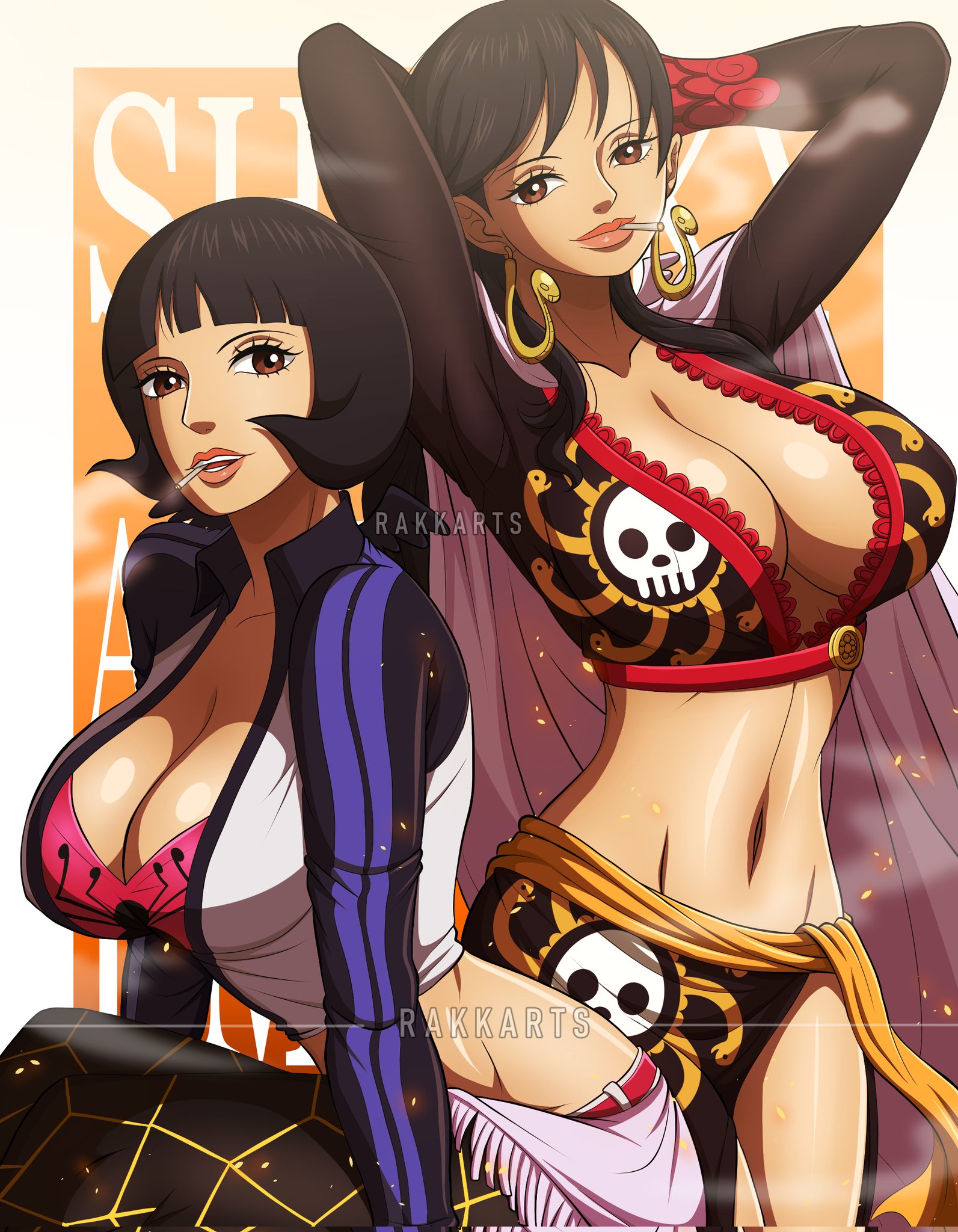 2girls, bare legs, bare thighs, big breasts, black hair, black-haired female, breasts, cigarette, clothed, clothing, color, female, female focus, female only, hi res, inner sideboob, large breasts, light skin, light-skinned female, linea alba, long hair, one piece, rakara11, rakkarts, shakuyaku, shounen jump, smoking, solo female, tagme, thick thighs