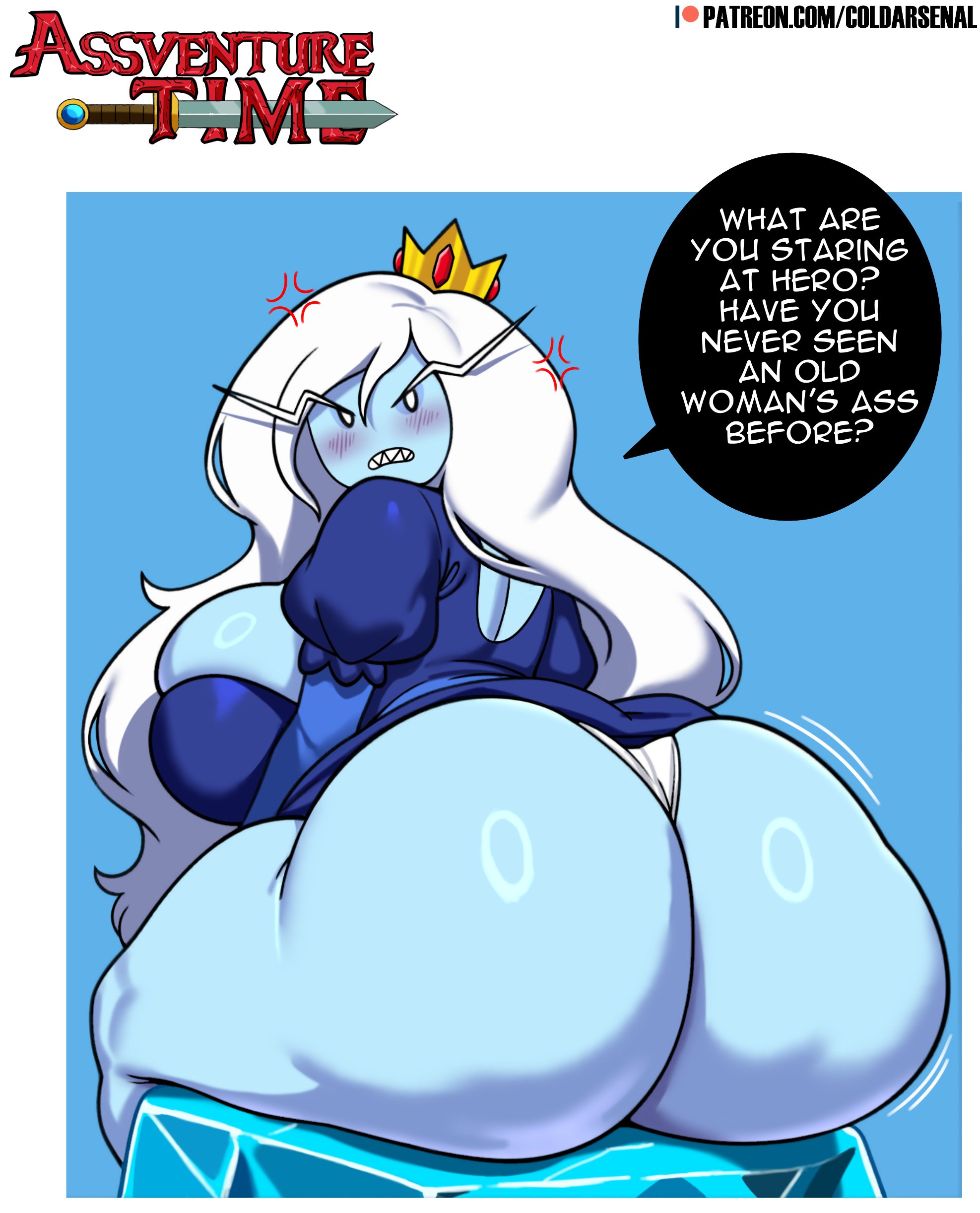 1girls, 2d, adventure time, adventure time: fionna & cake, angry, ass, ass focus, back view, big ass, big breasts, big thighs, blue body, blue skin, blush, breasts, cartoon network, caught staring, chubby, chubby female, clothing, coldarsenal, comic, curvaceous, curvy, curvy figure, dialogue, english text, female, female focus, female only, gigantic ass, gigantic breasts, gigantic thighs, huge ass, huge breasts, huge thighs, ice queen (adventure time), large ass, large breasts, long hair, looking at viewer, massive ass, massive breasts, massive thighs, milf, noseless, plump, queen, rule 63, sharp teeth, solo, solo female, speech bubble, tagme, talking, talking to viewer, text, thick hips, thick thighs, thighs, twitter source, voluptuous, voluptuous female, white eyes, white hair, wide hips