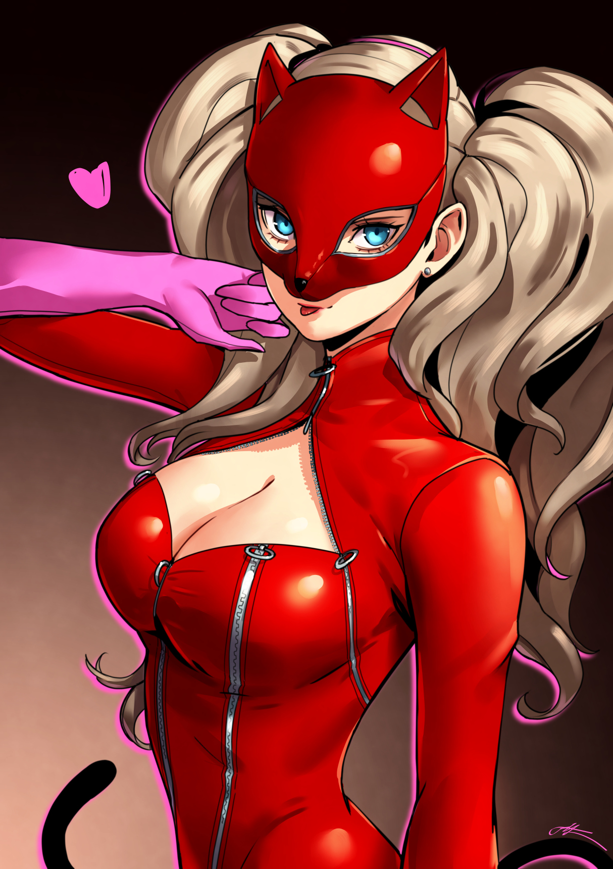 :p, 1girls, animal ears, ann takamaki, ann takamaki (panther), arm up, blonde hair, blue eyes, bodysuit, breasts, cat ears, cat mask, cat tail, cleavage, cleavage cutout, clothing cutout, eightyfourart, female, gloves, gradient hair, heart, highres, large breasts, latex, long hair, looking at viewer, mask, multicolored hair, panther (persona 5), persona, persona 5, phantom thief suit, pink gloves, red bodysuit, solo, tail, tongue, tongue out, twintails, very long hair, zipper, zipper pull tab