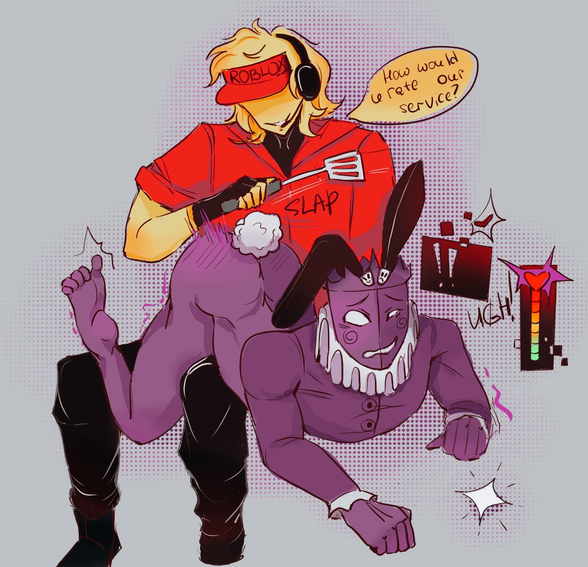 2boys, 2d, ass, blush lines, bunny ears, bunny tail, clothes, color, colored, digital media (artwork), duo, elliot (forsaken), elliot (work at a pizza place), english text, forsaken (roblox), gay, heart, heart symbol, male, male only, no visible genitalia, noli (forsaken), noli (roblox), notnever, purple skin, roblox, roblox game, robloxian, self upload, spanking, tail, yaoi, yellow body, yellow hair
