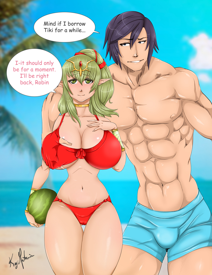 abs alternate_costume big_breasts bikini black_hair breast_grab bulge cheating cheating_wife chrom_(fire_emblem) cleavage collarbone english_text fire_emblem fire_emblem_awakening fire_emblem_heroes green_eyes green_hair hourglass_figure huge_breasts kajimateria large_breasts manakete melon muscular_male netorare nintendo nipples ntr partially_visible_vulva penis_bulge ponytail red_bikini red_swimsuit speech_bubble swim_shorts swim_trunks swimsuit text thick_thighs tiki_(adult)_(fire_emblem) tiki_(adult)_(summer)_(fire_emblem) tiki_(fire_emblem) voluptuous