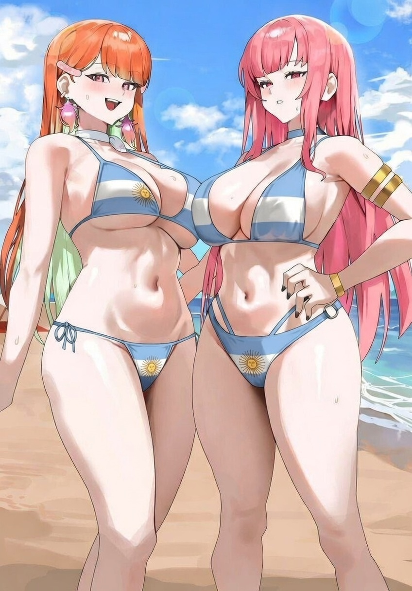 2girls, argentina, argentine flag, argentinian flag, argentinian flag bikini, argentinian flag print, beach, bikini, bitch, bronzed, edit, edited, hololive, hololive english, hololive myth, huge breasts, large breasts, mori calliope, orange hair, owned by argentina, pink hair, sluts, spiced, swimsuit, takanashi kiara, virtual youtuber, yulmu98