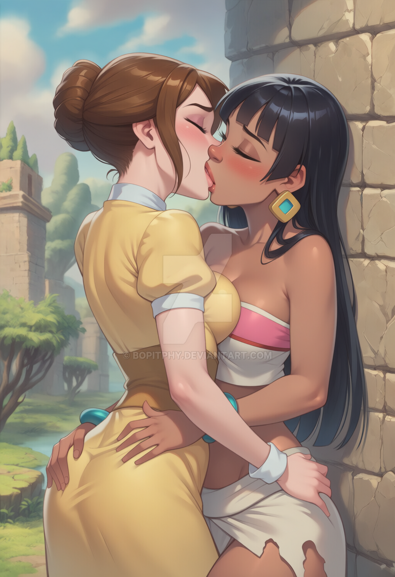 2d, 2girls, against wall, ai generated, ass, asymmetrical docking, bangs, bare arms, bare legs, bare shoulders, big breasts, black hair, blunt bangs, blush, bopitphy, bracelet, breast press, breasts, brown eyeshadow, brown hair, chel, chel (the road to el dorado), cleavage, closed eyes, clothed, clothed female, cloud, collarbone, color, couple, crossover, dark skin, dark-skinned female, day, disney, dreamworks, earrings, eyeshadow, female, female only, female/female, full color, hair bun, hime cut, hugging, interracial, interracial yuri, jane porter, jewelry, legs, lips, lipstick, long dress, love, makeup, medium breasts, midriff, neck, non-nude, outside, pelvic curtain, pink lipstick, puffy short sleeves, puffy sleeves, purple eyeshadow, red lipstick, revealing clothes, romantic, romantic couple, ruins, shadow, short hair, short sleeves, sidelocks, sky, standing, straight hair, strapless, tarzan, tarzan (1999 film), the road to el dorado, tied hair, tree, tubetop, yellow dress, yuri