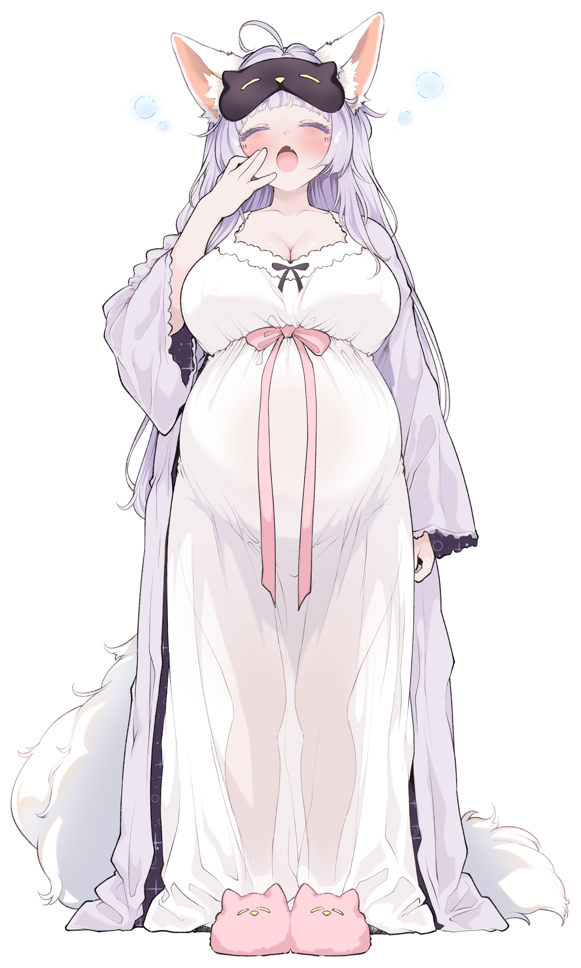1girls, 2d, 2d (artwork), 2d artwork, accessory, ahoge, arm by side, arm up, baggy clothes, baggy clothing, bangs, belly, big belly, big breasts, black accessory, black ribbon, blush, blush lines, blushed, blushed face, blushing at viewer, blushing face, blushing female, blushing lines, breasts, breasts covered, bubbles, cleavage, closed eyes, clothed, clothed female, clothes, clothing, coat, collarbones, covered breasts, cute fang, digital, digital art, digital drawing, digital drawing (artwork), digital media, digital media (artwork), digital painting, digital painting (artwork), ear, ear fluff, ear tuft, expecting, eyelashes, eyelids, fair skin, fair-skinned female, female, female focus, female only, fluffy, fluffy tail, footwear, fox ears, fox girl, fox tail, fringe, fringe hair, fully clothed, gown, hair, hair bangs, hair strand, heavily pregnant, huge belly, huge breasts, kitsune, lace, lace trim, lace-trimmed dress, lavender clothes, lavender clothing, lavender eyelashes, lavender hair, legs, legs together, light skin, light-skinned female, long hair, loose clothes, loose clothing, loose hair, maternity clothes, maternity dress, mouth, mukakinzero, neck, negligee, nightdress, nightgown, open mouth, original, pink accessory, pink footwear, pink ribbon, pink slippers, pregnant, pregnant belly, pregnant female, purple clothes, purple clothing, purple coat, purple eyelashes, purple hair, ready to pop, ribbons, round belly, round breasts, see-through, see-through clothes, see-through clothing, see-through dress, see-through nightgown, shaded, shading, shadow, simple background, sleep mask, sleepwear, sleepy, slippers, solid color background, solo, solo female, solo focus, standing, strand of hair, tail, tongue, very long hair, waist length hair, white background, white clothes, white clothing, white ear fluff, white ears, white gown, white lace, white negligee, white nightgown, white tail, yawn, yawning