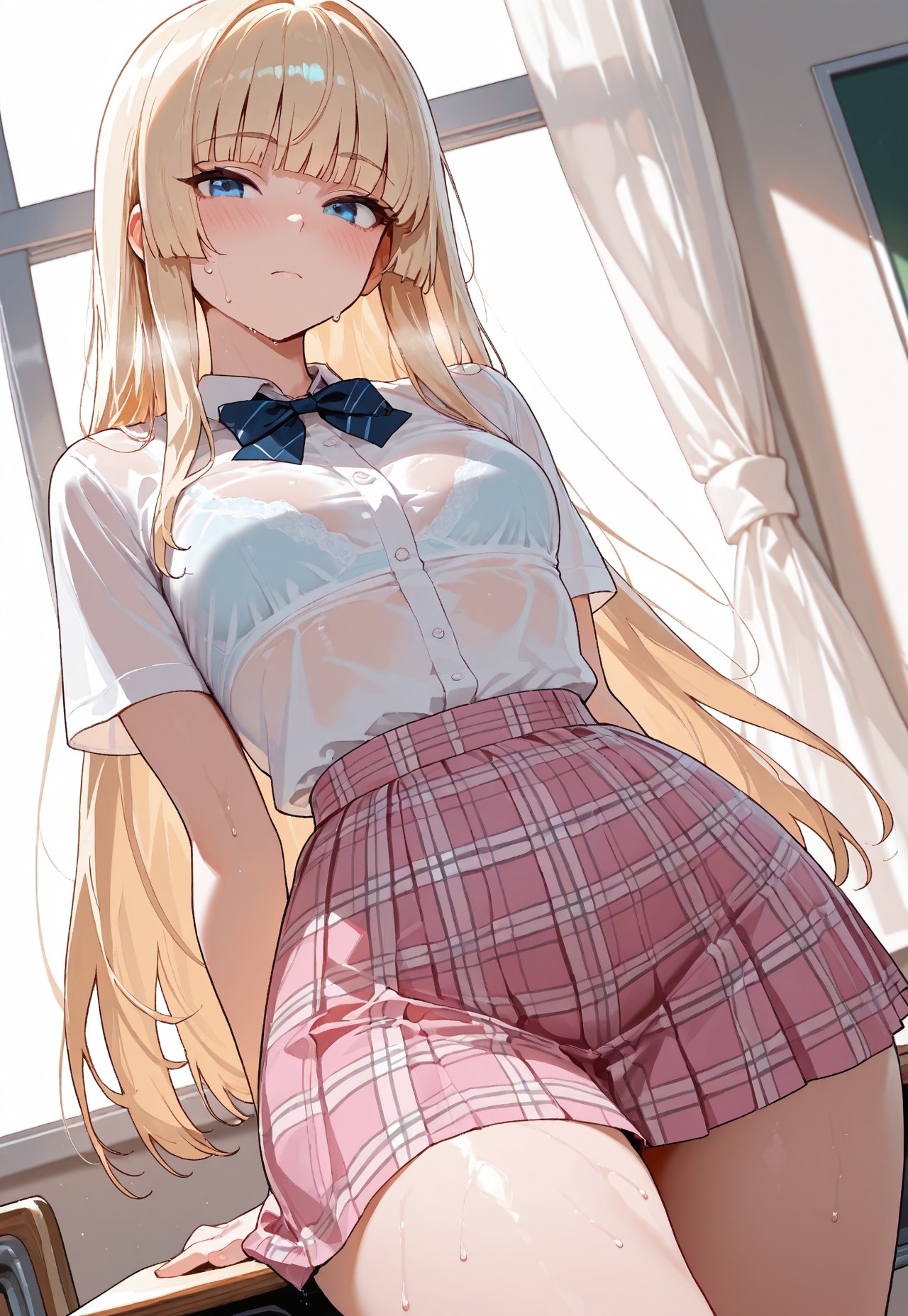 1girls, ai generated, blonde hair, blue eyes, blush, bowtie, bra visible through clothes, breasts, classroom, dutch angle, female, female only, hime cut, hime girl (jamesbron), jamesbron, leaning back, long hair, looking at viewer, pink skirt, plaid skirt, school uniform, schoolgirl, shirt, skirt, small breasts, solo, solo female, standing, sweat, thighs, white shirt, wide hips