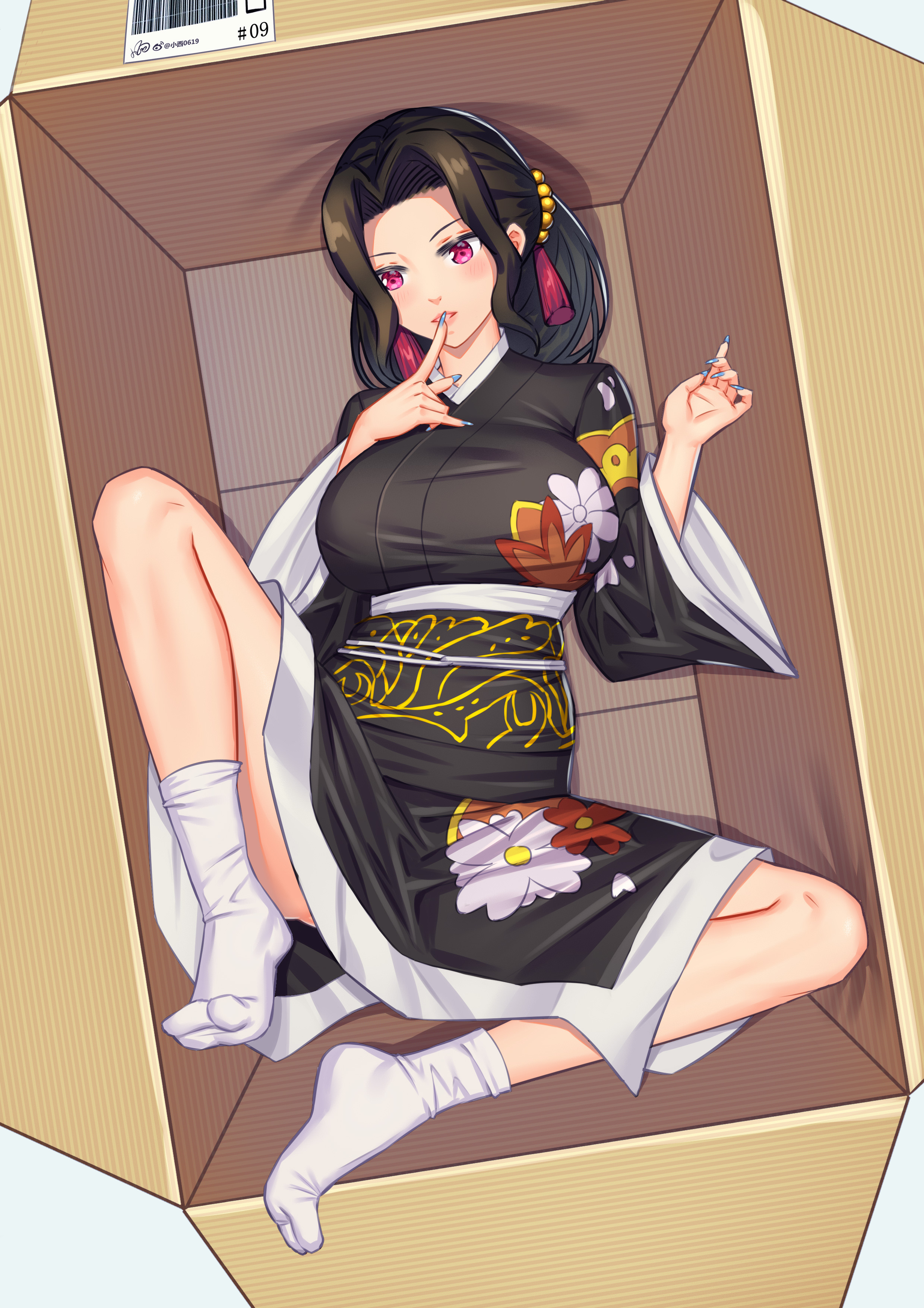 big breasts, black hair, blue nails, breasts, canon genderswap, clothed, demon slayer, female, female muzan, female only, genderswap, genderswap (mtf), girl in a box, hair ornament, kimetsu no yaiba, kimono, konishi (565112307), long fingernails, muzan kibutsuji, nail polish, no shoes, obi, pink eyes, pink hair, rule 63, socks, solo, tabi, white socks