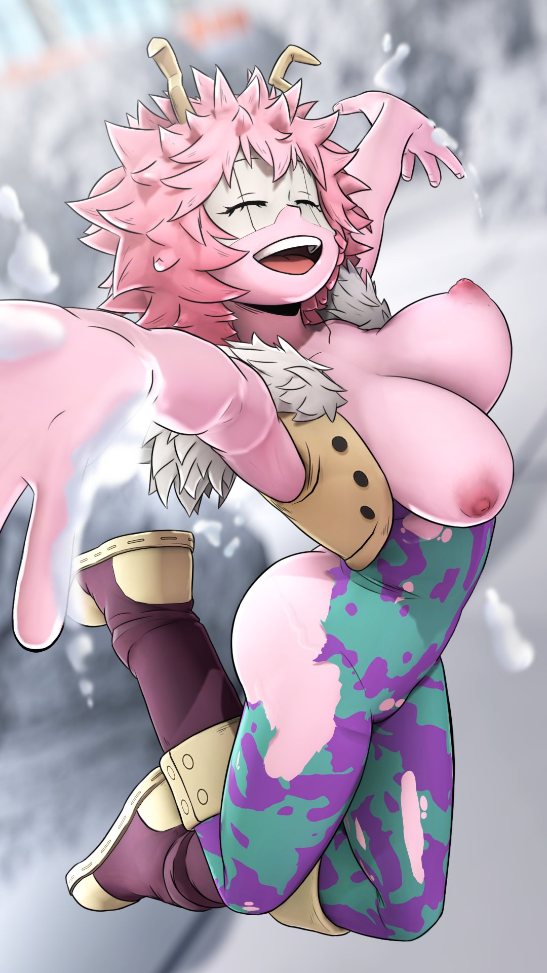 1girls, 3d, areolae, big breasts, bodysuit, boots, breasts, closed eyes, female, female only, greatm8, hero outfit (mha), horns, jumping, large breasts, mina ashido, my hero academia, nipples, open mouth, pink hair, pink skin, pink-haired female, quirk (mha), ripped clothing, shounen jump, skin tight, smile, solo, source filmmaker, torn clothes