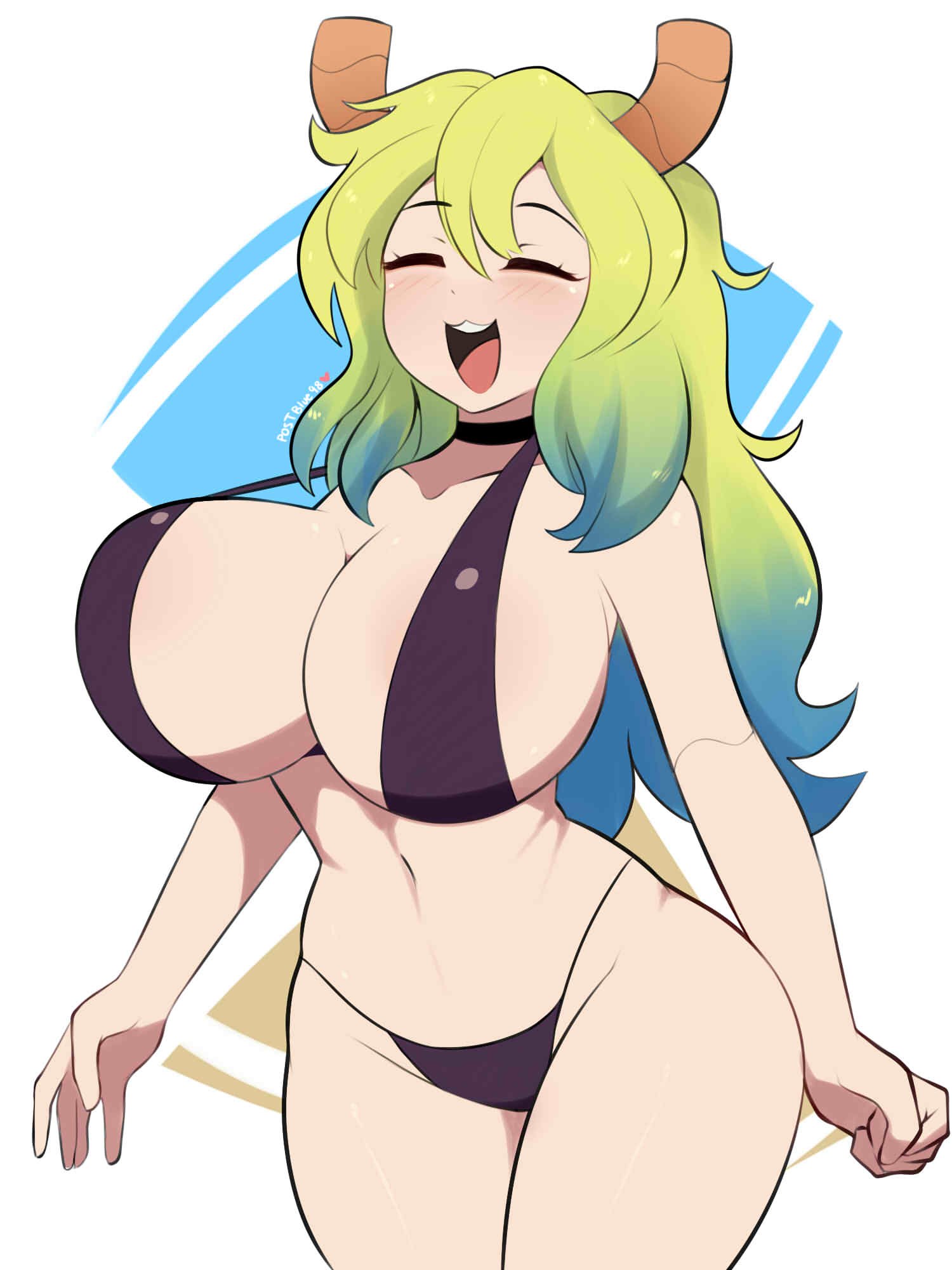:3, :3d, 1girls, big breasts, breasts, choker, cleavage, ecchi, female, female only, green hair, horns, lucoa, miss kobayashi's dragon maid, not porn, open mouth, postblue98, quetzalcoatl (dragon maid), revealing clothes, skimpy clothes, solo, swimsuit, tanga, thick thighs