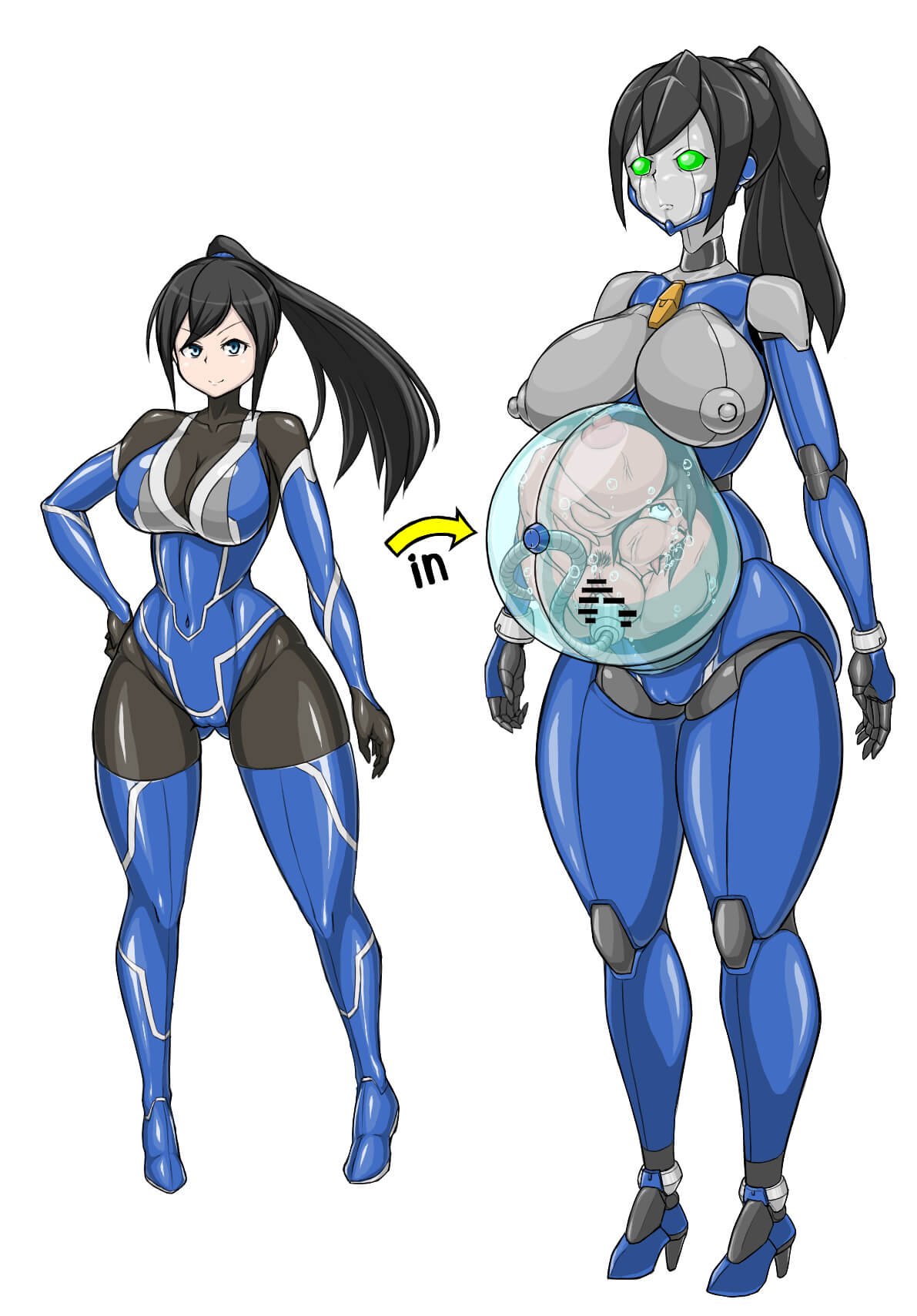 1girls black_hair body_horror container contortion female humiliation large_breasts meatball original ponytail robot robot_joints see-through solo taimanin_(series) uragawanozock vaginal_object_insertion