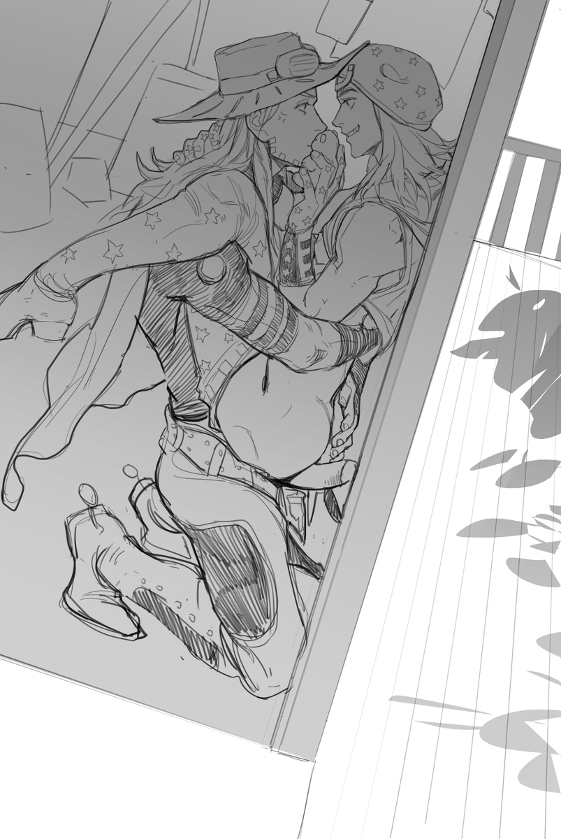 2boys, against wall, ass, ass grab, gay, greyscale, gyro zeppeli, hand on ass, hat, held up, johnny joestar, jojo's bizarre adventure, lifting, male, male only, no color, steel ball run, teasing, wholesome, yaoi