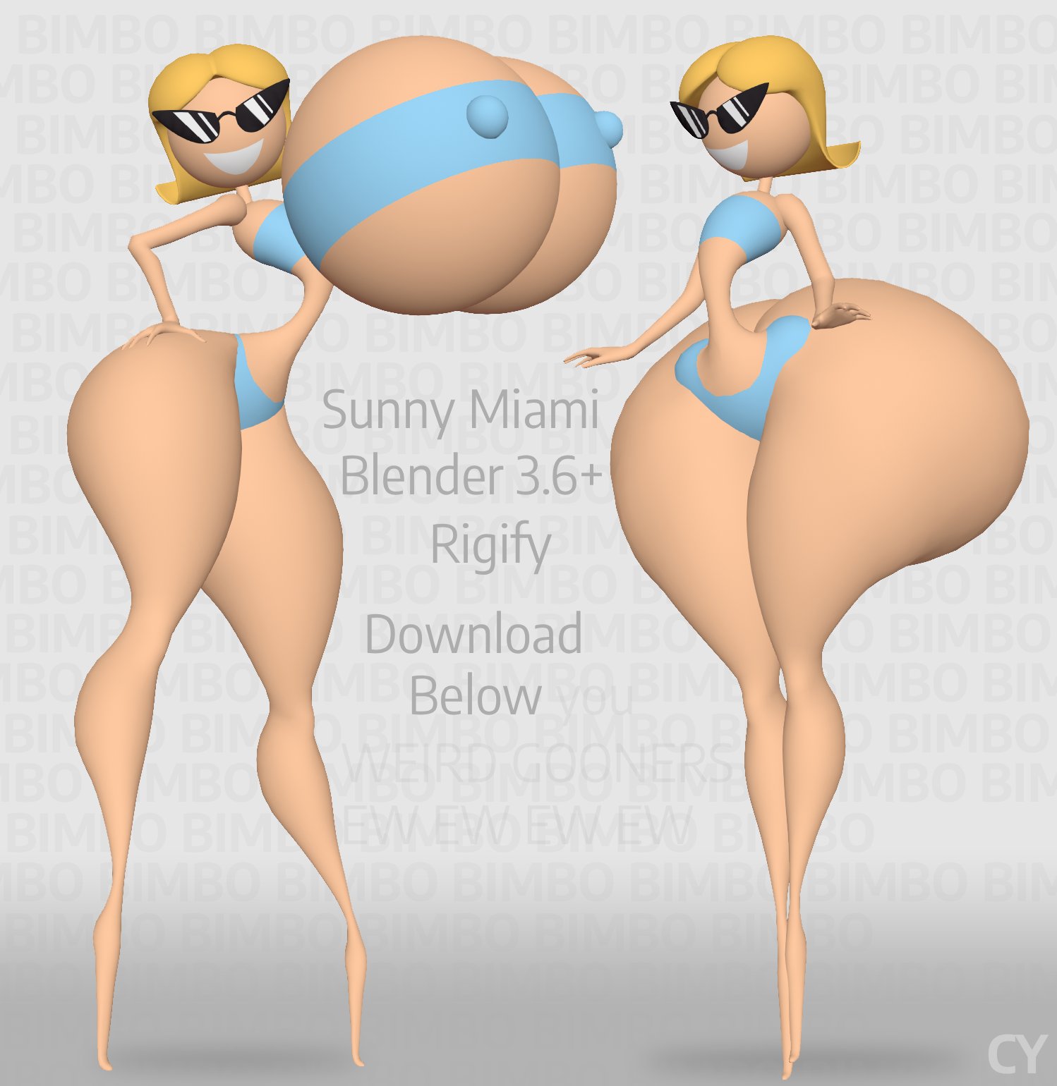 3d, 3d (artwork), 3d model, alternate breast size, arm up, ass, ass bigger than head, ass body, bikini, blender, blonde hair, blue bikini, breasts, breasts bigger than head, cyanu, doll, female, full body, gigantic ass, gigantic breasts, hand on own hip, hands on own hips, huge ass, huge breasts, huge nipples, hyper, hyper ass, hyper bottom half, hyper breasts, hyper-thin waist, knick knack, large areolae, looking at viewer, model, model release, multiple views, narrow waist, nipples, pixar, plastic, puffy nipples, shadow, shiny skin, short hair, simple background, smile, smiling, smiling at viewer, spherical breasts, standing, sunglasses, sunny miami, thick thighs, thighs, thin waist, tube top, wide hips