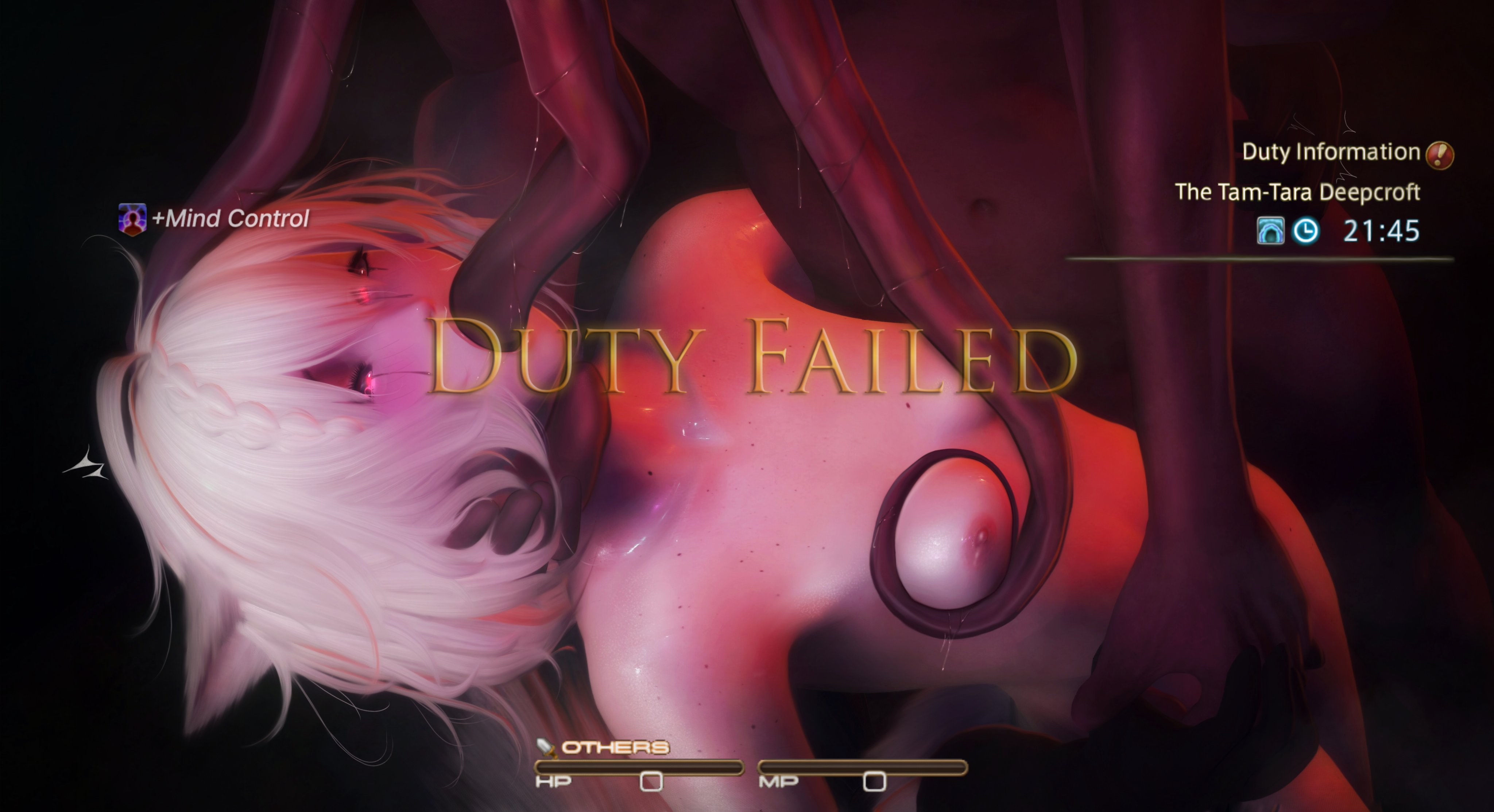 2026, captured, debuff, defeated, duty failed, female, final fantasy xiv, gameplay mechanics, gpose (ffxiv), hud, mind control, mind flayer, monster, monster on female, naked, nude, seongleeyoona, small breasts, status effect, sweat, tagme, tentacle