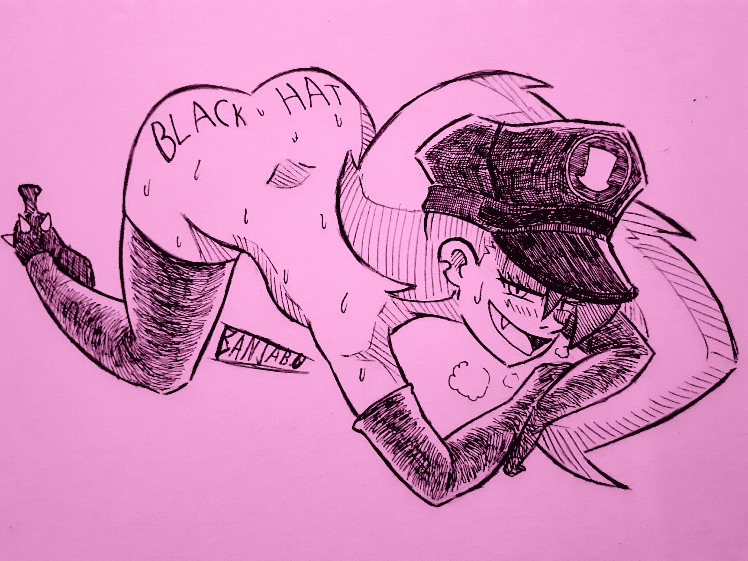 1girls, 2019, artist name, artist signature, ass, banjabu, blush, body writing, cartoon network, demencia (villainous), fangs, female, gloves, heavy breathing, high heels, looking at viewer, monochrome, naked footwear, pinup, police hat, smile, straight hair, sweat, villainous