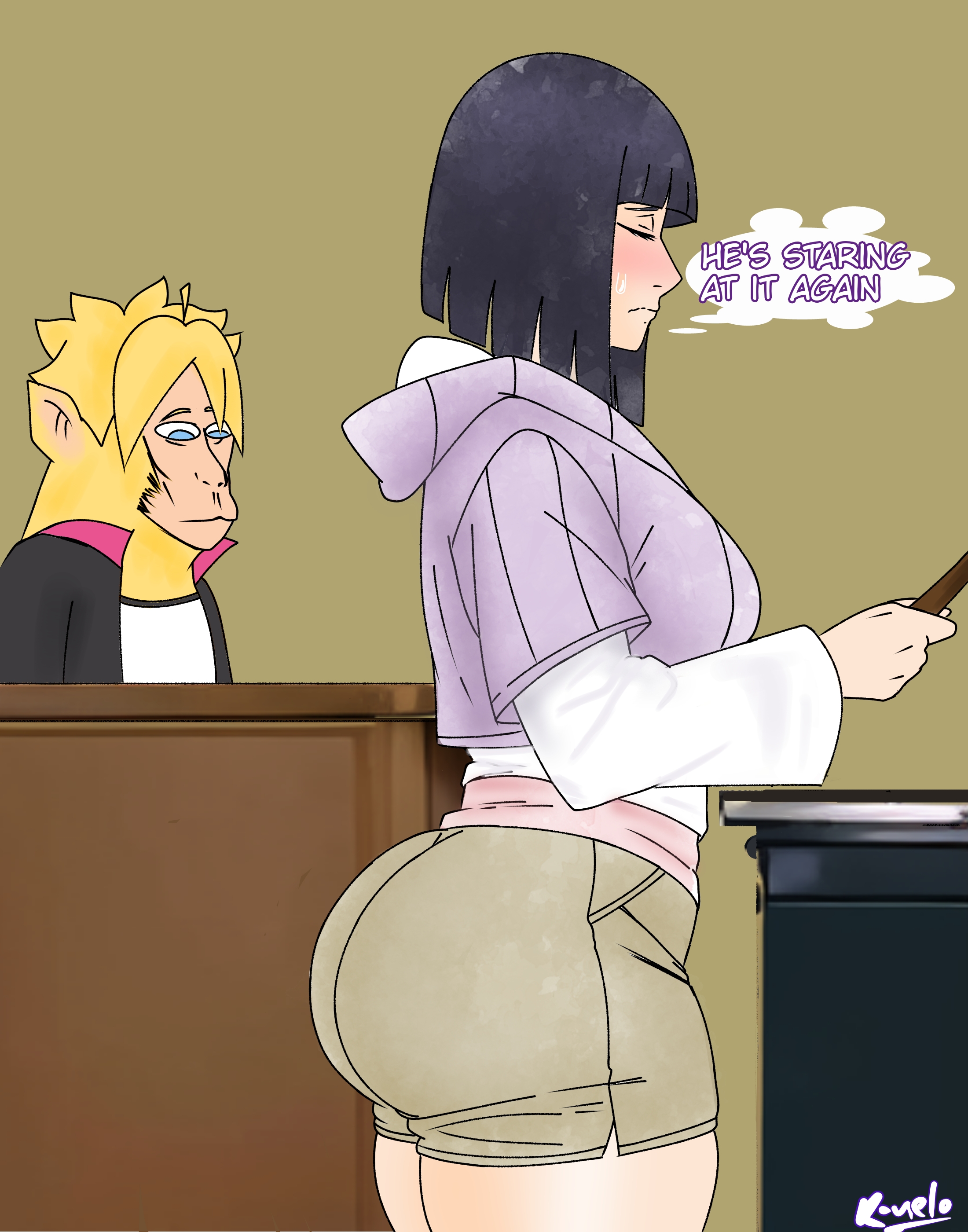 ass, ass bigger than head, big ass, blush, blushing, boruto: naruto next generations, english text, female, hyuuga hinata, knelo, knelo grasoso, meme reference, milf, mother, mother and son, naruto, naruto (series), netorare, neuron activation (meme), short hair, shorts, uzumaki boruto, uzumaki hinata