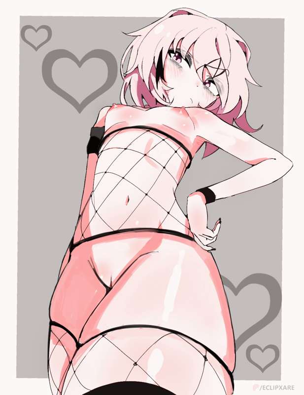 1girls, breasts, breasts out, doki doki literature club, eclipxare, female, female only, fishnets, flat chest, flat chested, goth, goth girl, mouth closed, natsuki (doki doki literature club), pink eyes, pink hair, pink nipples, pussy, pussy visible, solo, thick thighs, white body