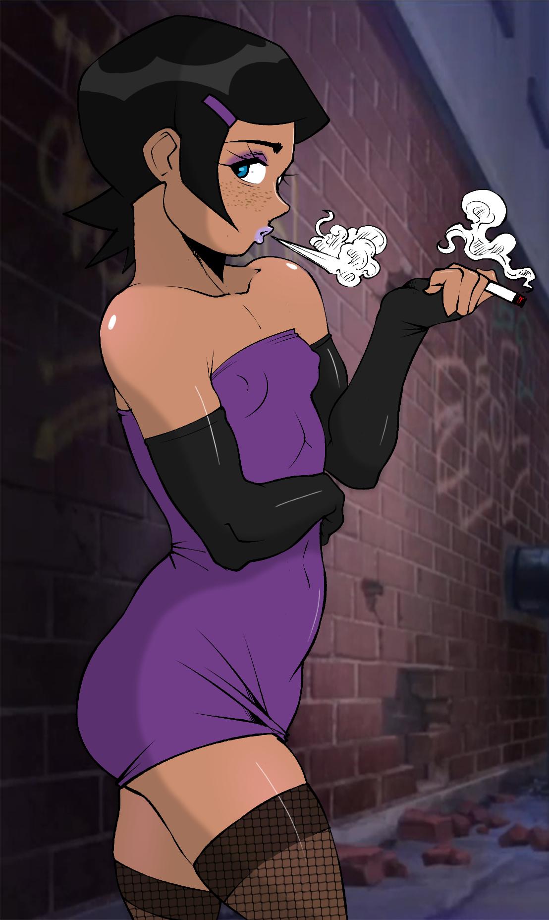 1girls, alternate skin color, ben 10, breasts, busty, cartoon network, cigarette, dark skin, dark-skinned female, female, female focus, female only, grailplus, gwen tennyson, hourglass figure, pinup, pinup pose, pose, posing, prostitution, risenhentaidemon, sex, smoking, wide hips