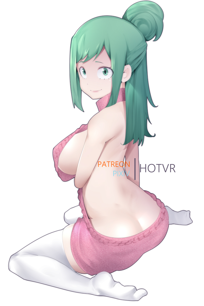 1girls, age regression, ass, ass cleavage, ass crack, backless, backless outfit, barefoot, big breasts, breasts, butt crack, female, female only, green eyes, green hair, green-haired female, hotvr, inko midoriya, inko midoriya (young), kneeling, large breasts, legwear, long hair, mature female, milf, mother, my hero academia, no bra, no panties, no underwear, revealing clothes, seiza, shounen jump, sideboob, simple background, sitting, smile, solo, stockings, sweater, virgin killer sweater, white background, younger female