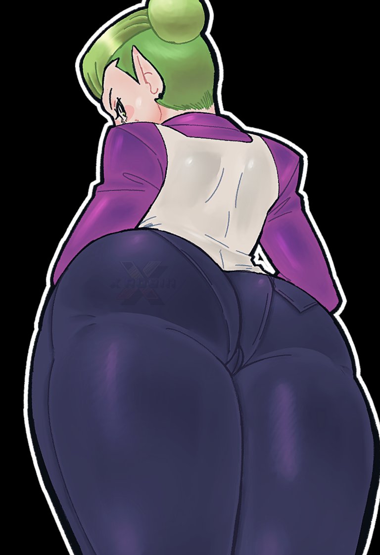 1girls, ass, ass focus, big ass, black background, black pants, bottomwear, clothing, female, female only, green eyes, green hair, hair, hair bun, jeans, lower body, lower body focus, mature, mature female, mature woman, milf, mother, odalia blight, pants, pantylines, pointy ears, purple shirt, shirt, solo, solo female, the owl house, thighs, topwear, watermark, xrobinsfw