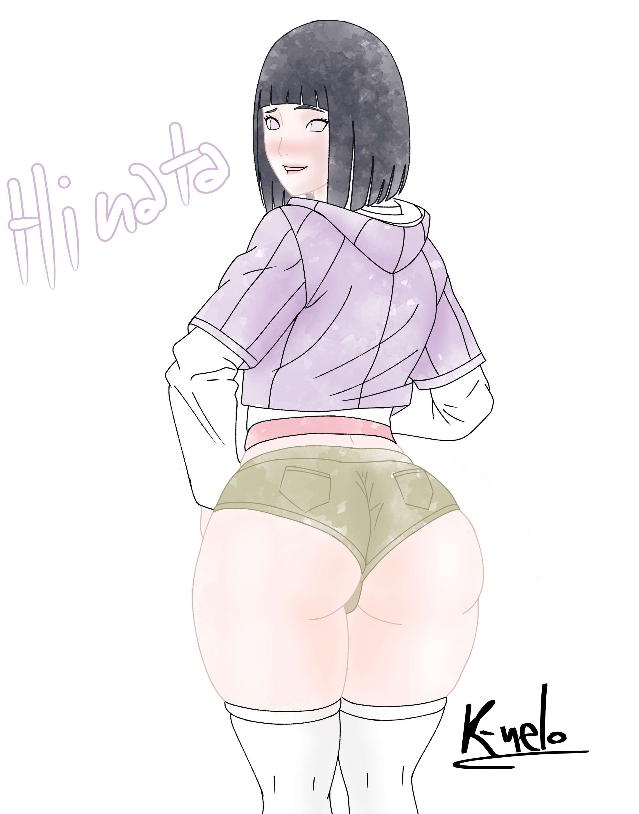 about to burst, ass, ass focus, ass too big, barely contained, barely contained ass, barely fits, biting lip, boruto: naruto next generations, bursting butt, female, high resolution, huge ass, hyuuga hinata, imminent wardrobe malfunction, inconvenient ass, inconvenient butt, knelo, knelo grasoso, looking at viewer, looking back, milf, naruto, naruto (series), short hair, shorts, straining clothing, thighhighs, tight clothes, tight clothing, tight fit, tight shorts, too tight, undersized clothes, undersized clothing, uzumaki hinata