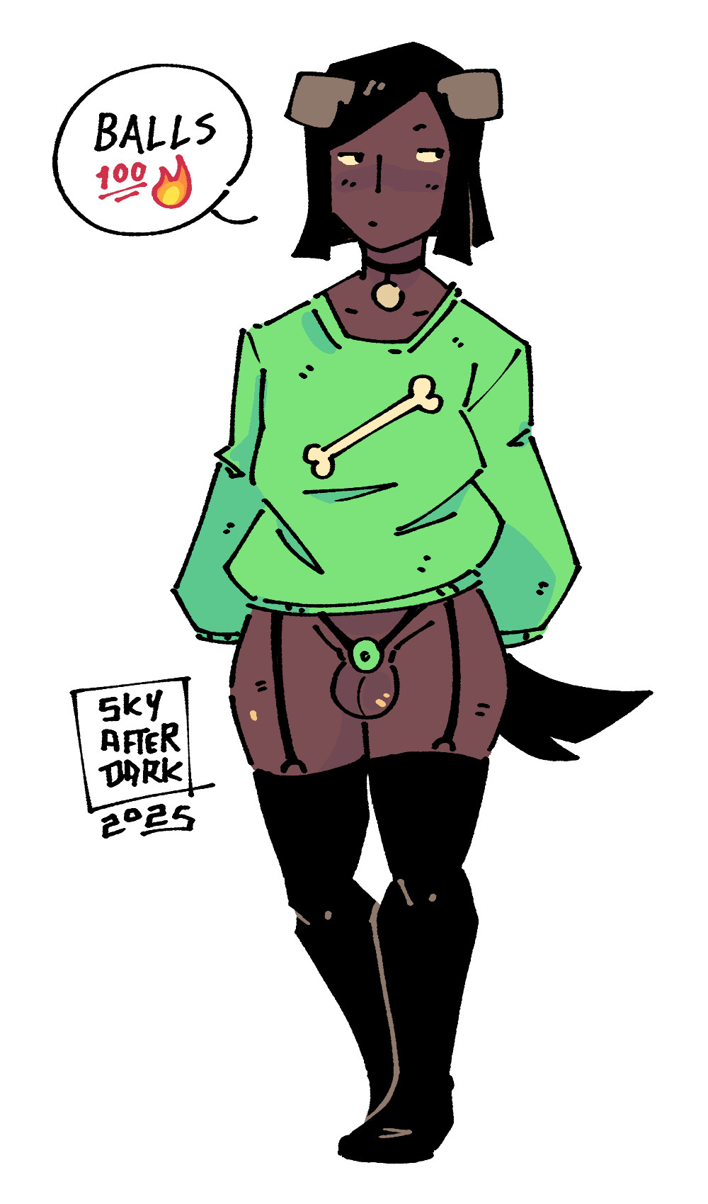 1girls, 2025, animal ears, animal tail, balls, balls focus, black hair, black legwear, blush, bottomless, bottomless sweater, chastity cage, collar, dark skin, dog ears, dog tail, embarrassed, english dialogue, female, flat chastity cage, futanari, garter straps, humor, looking away, original, penis, presenting balls, skyafterdark, solo, solo female, spoken emoji, stockings, sweater, sweater only, teri (skyafterdark), trans, transfem, transgender woman, white background