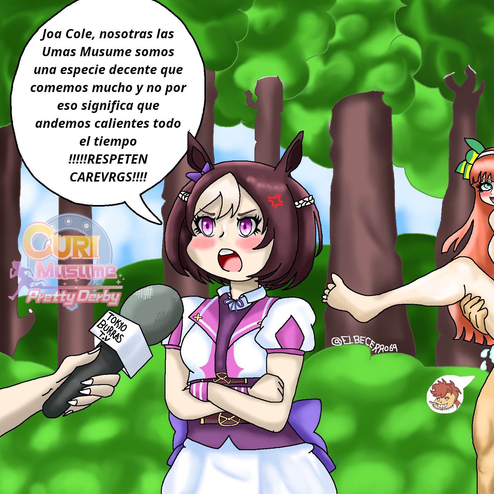 2025, artist name, barefoot, clothed female, color, colored, comedy, curi, curimomo, elbecerro69, feet, female, forest background, full nelson, funny, meme, off screen character, parody, shitpost, silence suzuka (umamusume), sketch, spanish text, special week (umamusume), speech bubble, spica trainer (umamusume), text, trainer (umamusume), translation request, umamusume, umamusume pretty derby