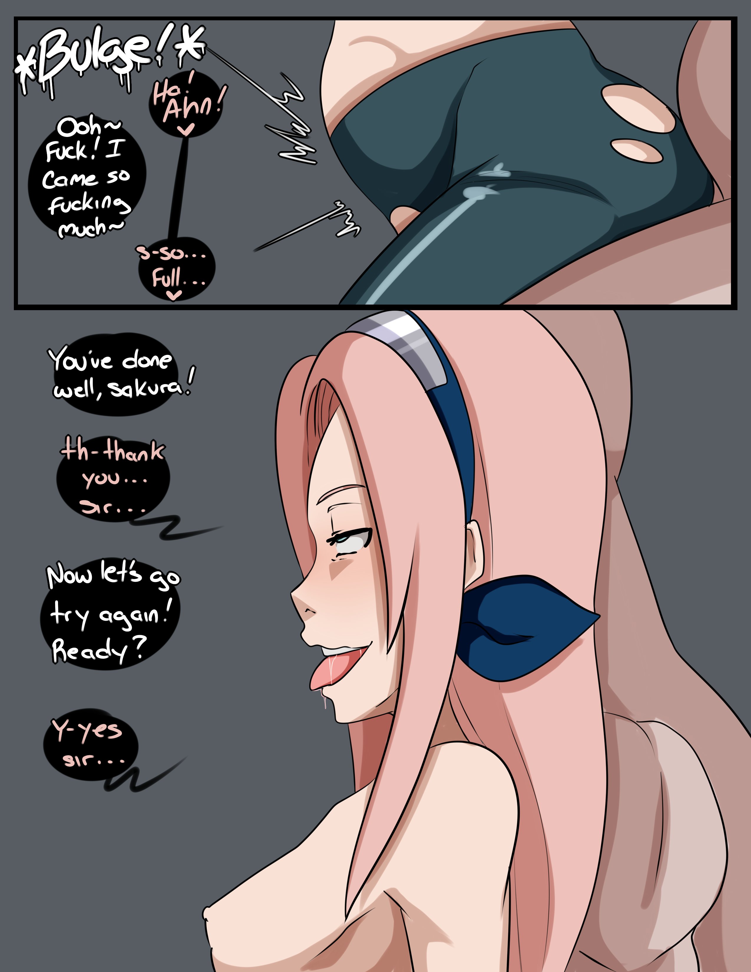 1boy, 1girls, age difference, ahe gao, bald, bike shorts, blush, breasts, clothed female nude male, clothing, cum inflation, dialogue, erection, eyes rolling back, faceless male, female, green eyes, grey background, hairband, inuyuru, long hair, male, naked, naruto, naruto (classic), naruto (series), nude, older male, partially clothed, pink hair, pleasure face, reverse cowgirl position, ripped clothing, sakura haruno, sideboob, simple background, sitting, sitting on person, speech bubble, stomach bulge, talking, text, topless, unknown male, younger female