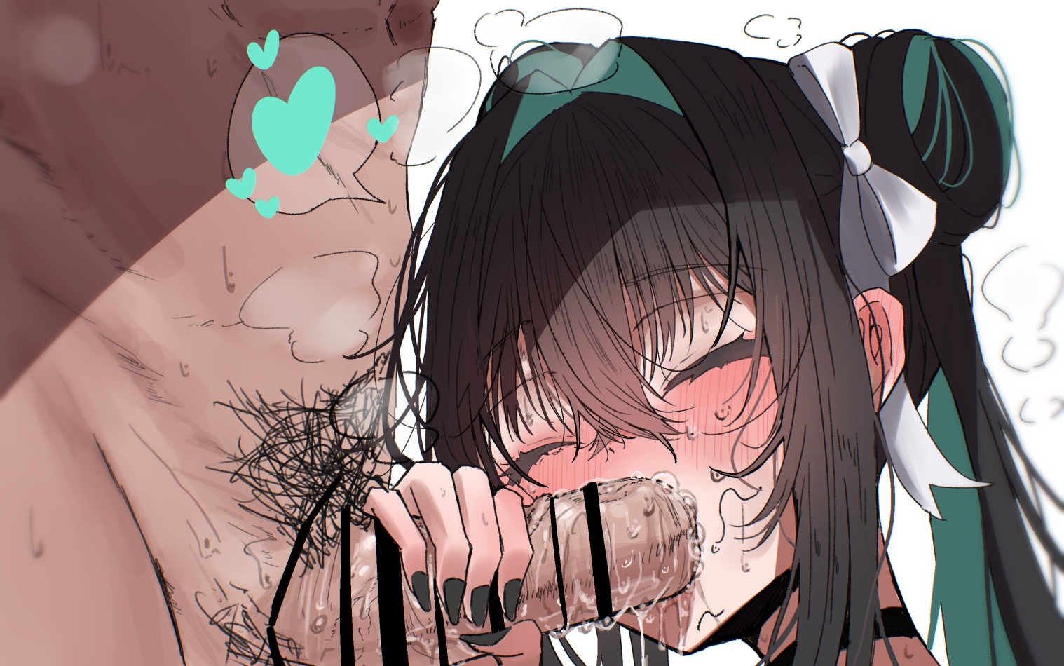 1boy, 1girls, black hair, black nails, blowjob, blush, closed eyes, cum dripping from penis, fellatio, goddess of victory: nikke, hair intakes, iwazaki (negisosu), light skin, light-skinned female, light-skinned male, little mermaid (nikke), mosaic censoring, multicolored hair, pubic hair, siren (nikke)