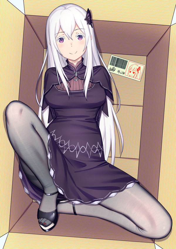 1girls, box, butterfly hair ornament, cardboard box, dress, echidna (re:zero), feet, female, female only, full body, fully clothed, in container, konishi (565112307), meme, re:zero kara hajimeru isekai seikatsu