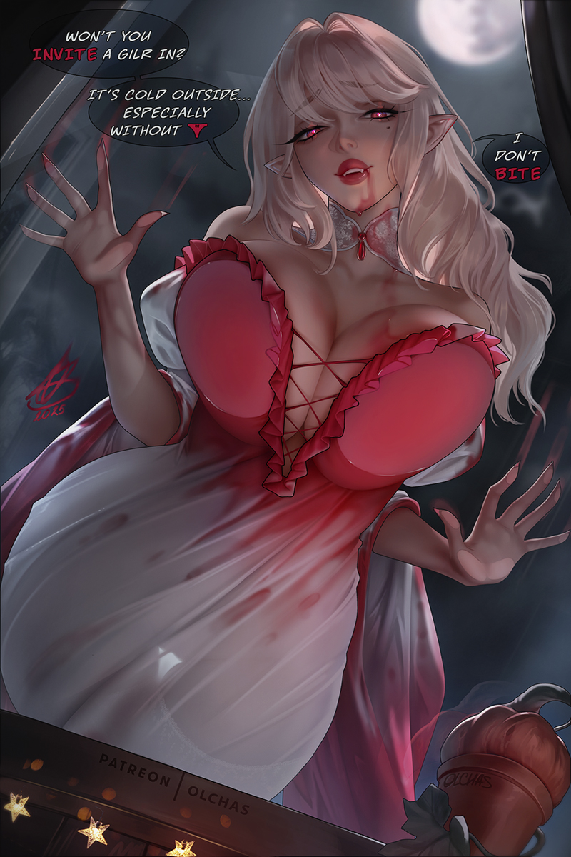 against window, blonde hair, blood, blood on chest, blood on face, breasts, cleavage, detached collar, dress, english text, fangs, female, frilled dress, frills, full moon, highres, huge breasts, lips, long hair, looking at viewer, moon, night, no panties, olchas, original, patreon username, pointy ears, red eyes, speech bubble, thigh gap, thighhighs, vampire, white thighhighs