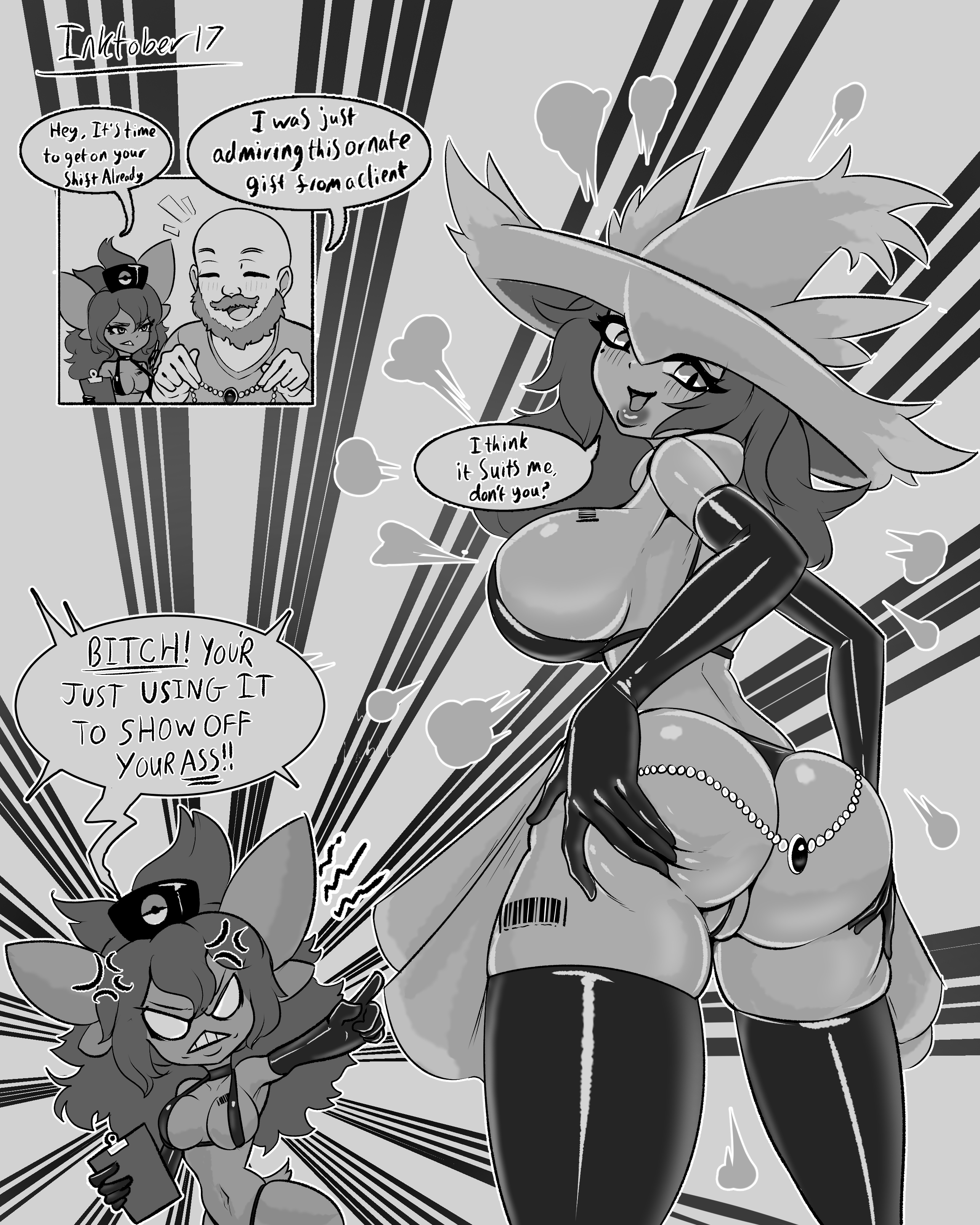 2025, absurd res, angry, armwear, ass, barcode, barcode tattoo, beard, big breasts, big butt, bimboaudino, bra, breast implants, breast tattoo, breasts, clothed, clothing, cross-popping vein, dialogue, duo, elbow gloves, english text, facial hair, female, gender transformation, generation 1 pokemon, generation 4 pokemon, gengar, genitals, gloves, greyscale, hair, handwear, headgear, headwear, healslut, healslut 3 the gengar, hi res, human, human to humanoid, humanoid, inktober, jewelry, latex, latex armwear, latex bra, latex clothing, latex elbow gloves, latex gloves, latex handwear, latex legwear, latex thigh highs, latex thong, latex underwear, leg tattoo, legwear, lips, long hair, male, mammal, mismagius, monochrome, mtf transformation, nintendo, nurse clothing, nurse headwear, plump labia, pokemon, pokemon (species), profanity, pussy, skimpy, skindentation, species transformation, speech bubble, tattoo, text, thick lips, thigh highs, thong, transformation, underwear, vulva