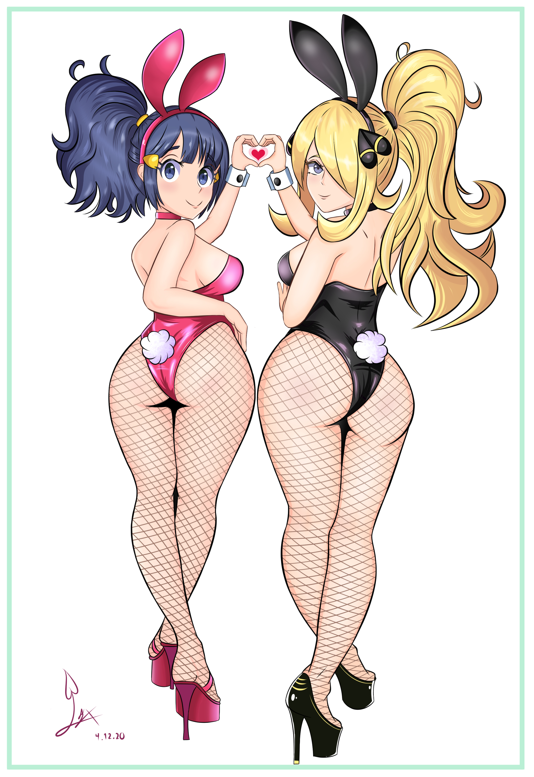 2girls, animal ears, ass, black footwear, blonde hair, blonde-haired female, blue eyes, blue hair, blue-haired female, breasts, bunny ears, bunny tail, bunnysuit, champion, cynthia (pokemon), dawn (pokemon), diadem, double ass focus, female, female only, fishnet pantyhose, fishnets, grey eyes, hair between eyes, heart, heart hands, high heels, laceysx, long hair, medium breasts, medium hair, pantyhose, pink footwear, platform heels, pokemon, pokemon dppt, ponytail, tail, thighs