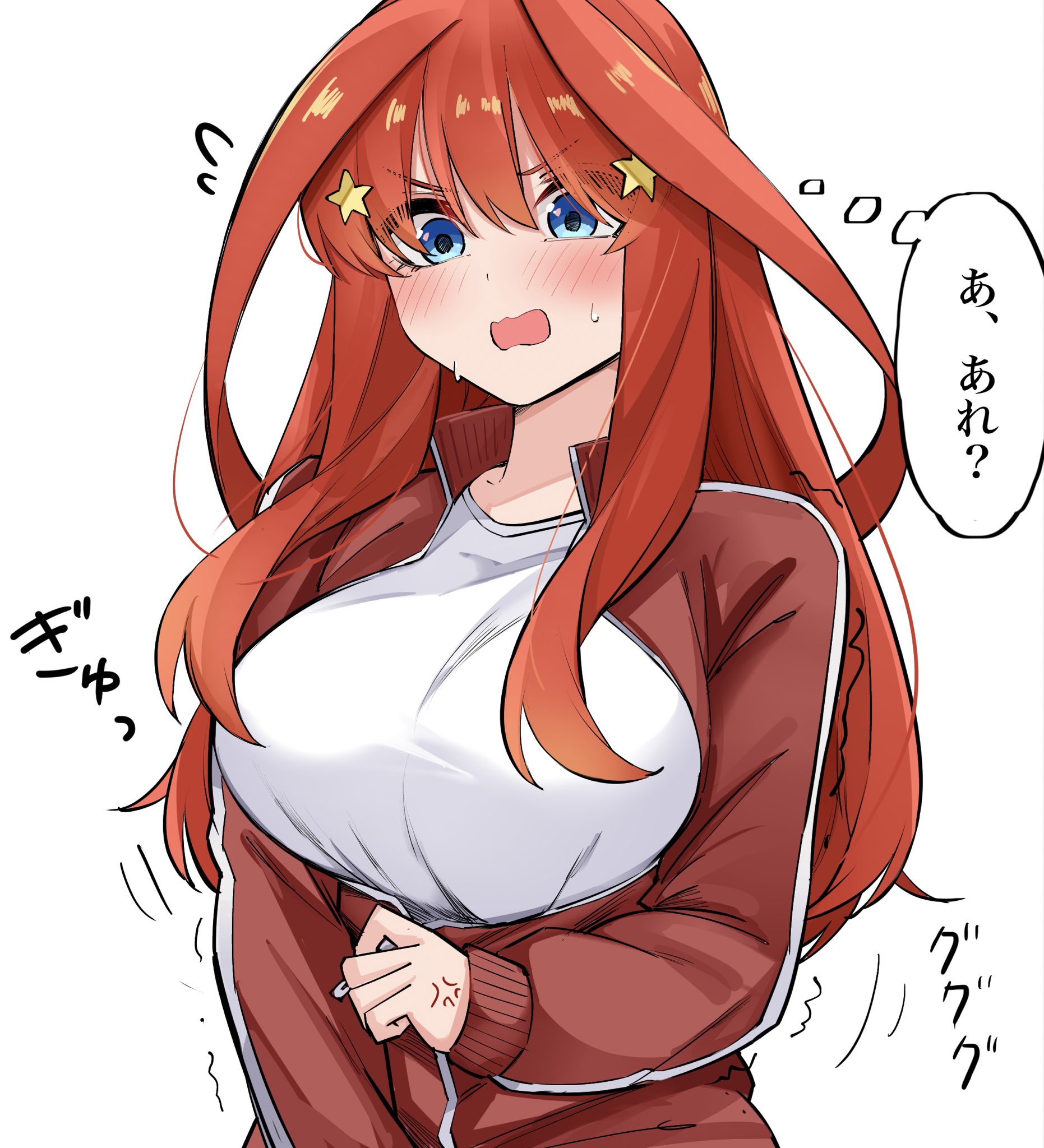 anger vein, blue eyes, blush, breasts, breasts too big, commentary request, female, go-toubun no hanayome, gym uniform, hair ornament, highres, inconvenient breasts, jacket, large breasts, long hair, mame1645, nakano itsuki, open mouth, partially unzipped, red hair, red jacket, shirt, short hair, simple background, solo, speech bubble, star (symbol), star hair ornament, struggling to fit, sweatdrop, thought bubble, track jacket, translation request, undersized clothes, upper body, white background, white shirt, zipper, zipper stuck, zipping, zipping up