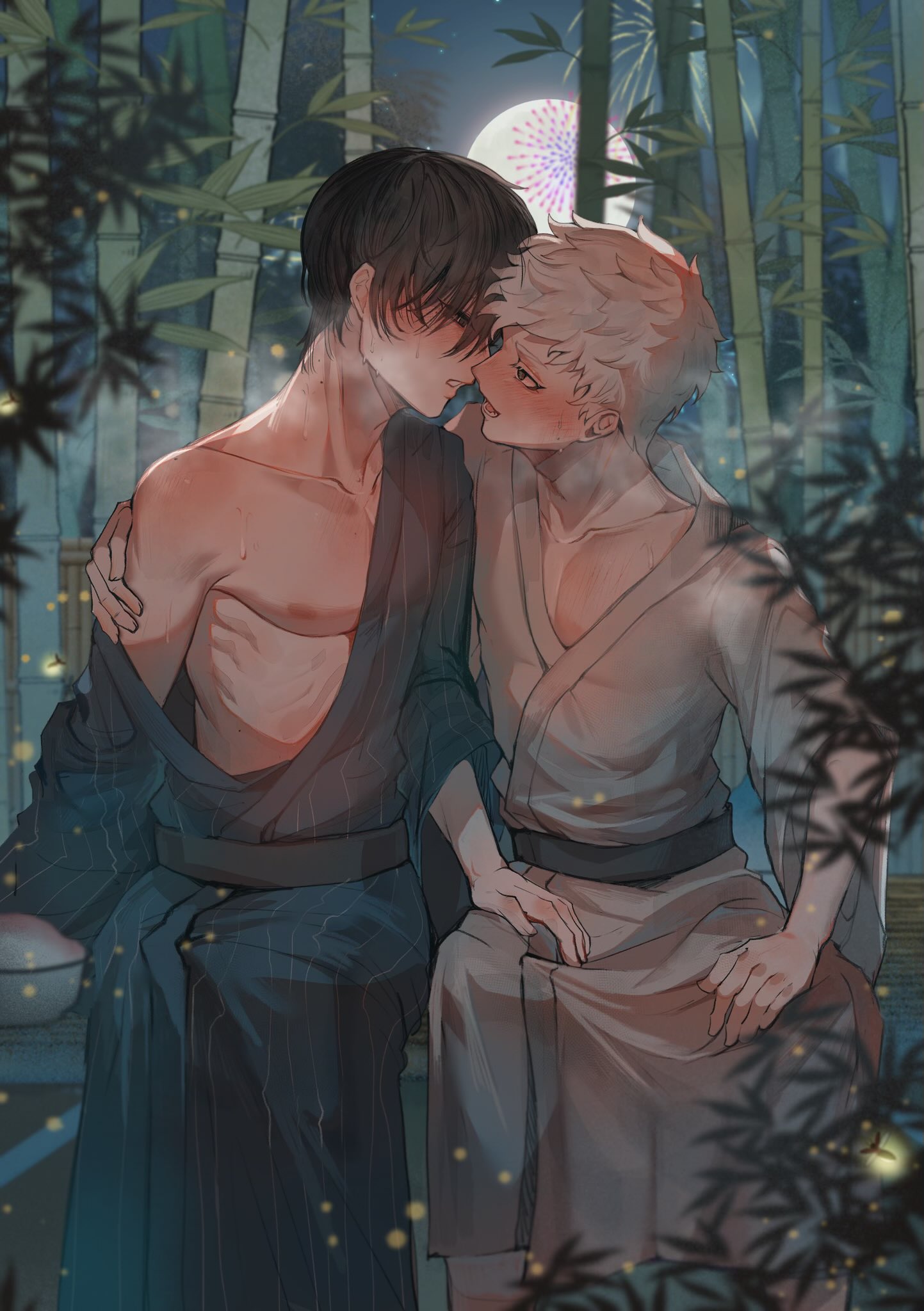 2boys, background, bamboo, bishonen, black hair, clothed, clothed male, clothes, fireflies, fireworks, gay, grey eyes, hand on arm, hand on thigh, hikaru indou, leaning forward, leaning in, male, male only, mole, moon, nipples, no watermark, off shoulder, outside, partially nude, rice, romantic, romantic ambiance, skinny male, slim male, steam, sweat, the summer hikaru died, white hair, yaoi, yoshiki tsujinaka, yukata