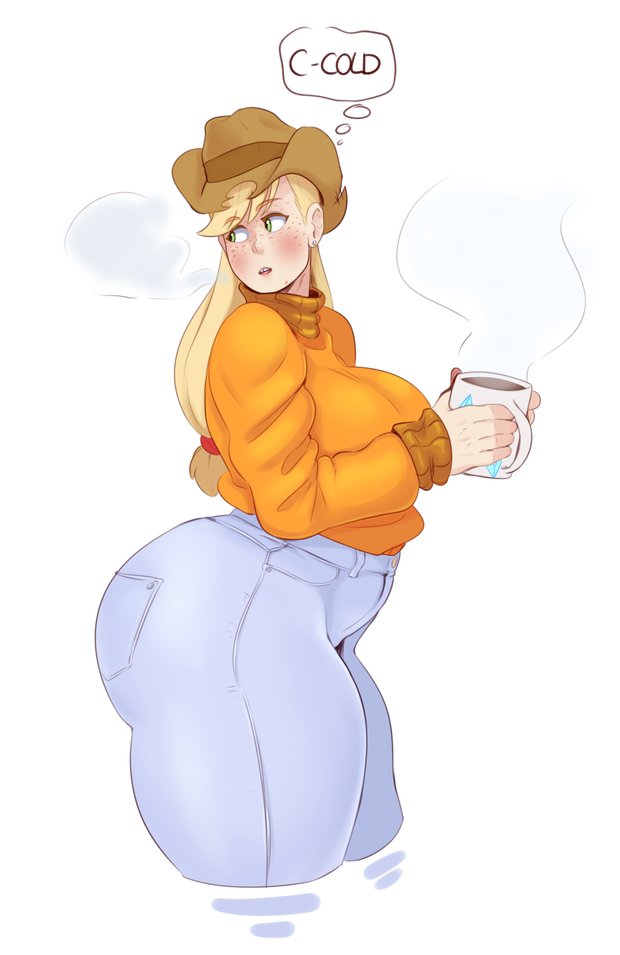 1girls, applejack (mlp), big breasts, breasts, coffee, coffee mug, cowboy hat, denim, denim clothing, female, female only, freckles, friendship is magic, hat, human, humanized, jeans, large breasts, my little pony, pants, solo, solo female, speech bubble, straight hair, sunnysundown, text, thick thighs, tight clothing, tight jeans, tight pants, wide hips