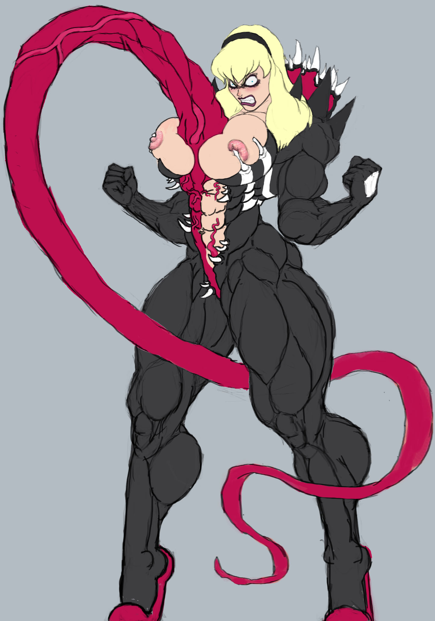 1girls, angry, blonde hair, body horror, crow1211, female, gwen stacy, gwenom, hairband, marvel, marvel comics, muscles, muscular, muscular female, she-venom, spider-gwen, straight hair, symbiote, tentacle, tentacles, thick thighs, vein, veins, veiny, venom, venom (marvel)