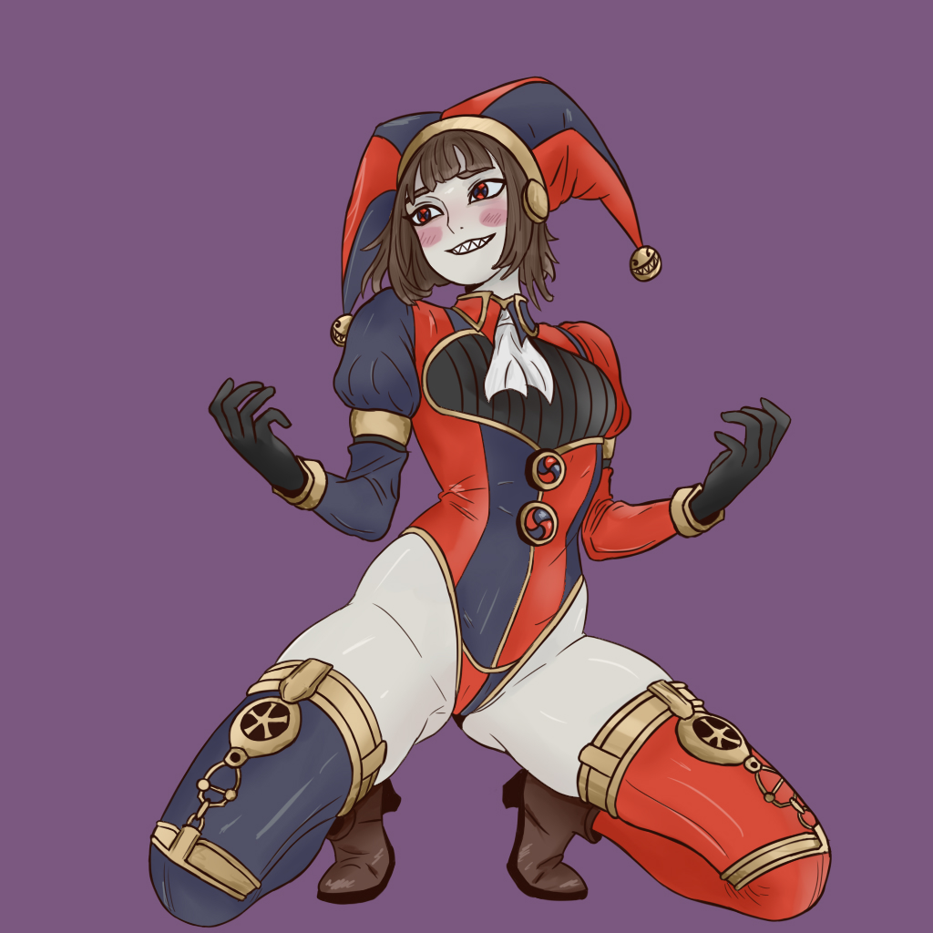 1girls, artlongon, breasts, cameltoe, dark hair, female, glitch productions, grey skin, jester, jester hat, jester outfit, pomni, pomni (tadc), pomni (the amazing digital circus), short hair, small breasts, smirk, spread legs, steampunk, the amazing digital circus, thighs