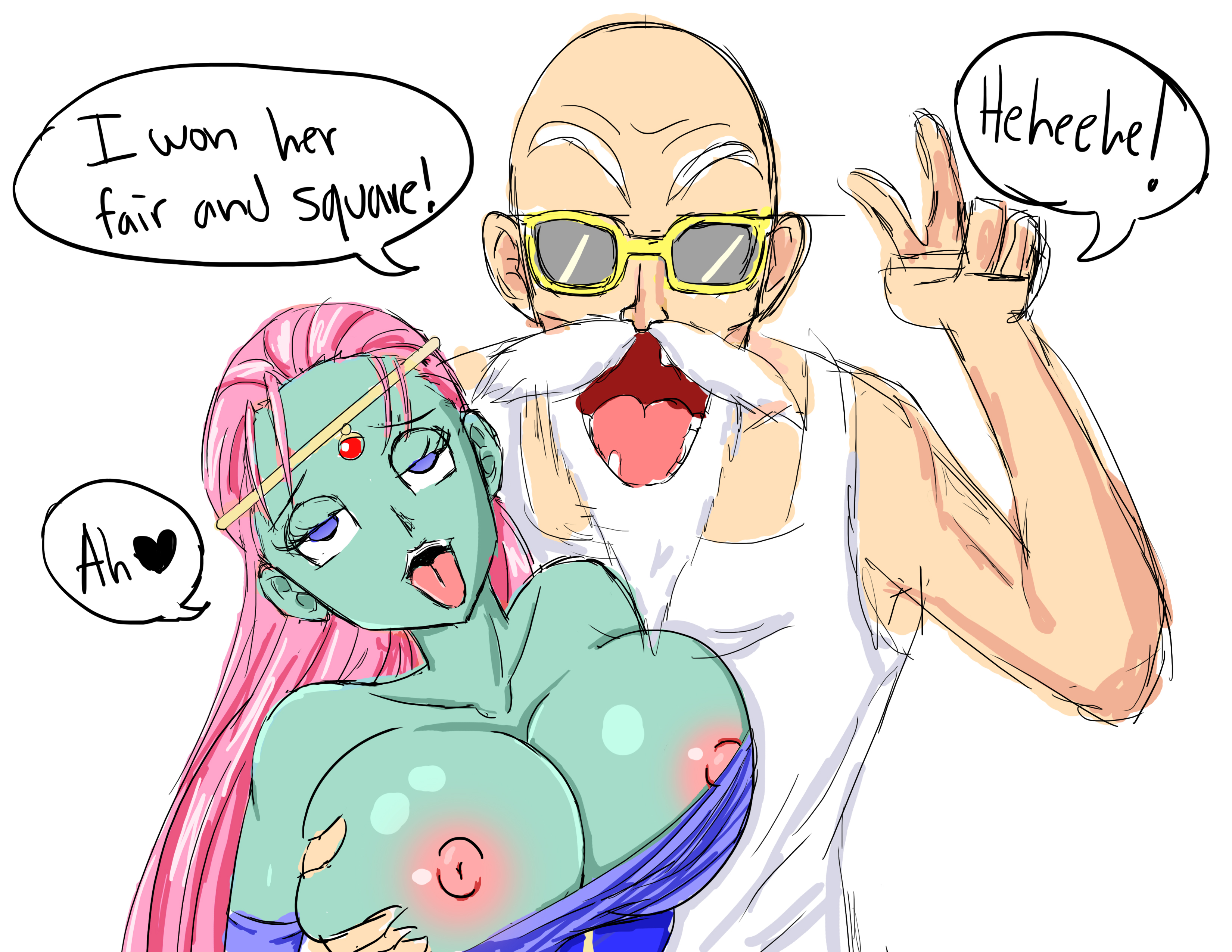 1girls, ahe gao, breast grab, breasts, busty, caway, cleavage, dragon ball, dragon ball super, female, human, male, master roshi, neo-izayoi, nipples, peace sign, tagme, text, unknown species, voluptuous