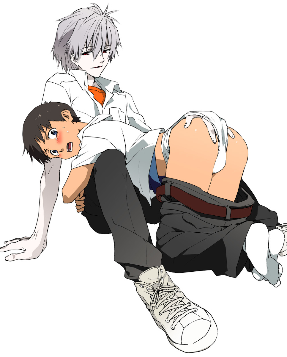 2boys, anal, anal fingering, blush, clothing, fully clothed, gay, kaworu nagisa, male, male only, neon genesis evangelion, shinji ikari, underwear, yaoi