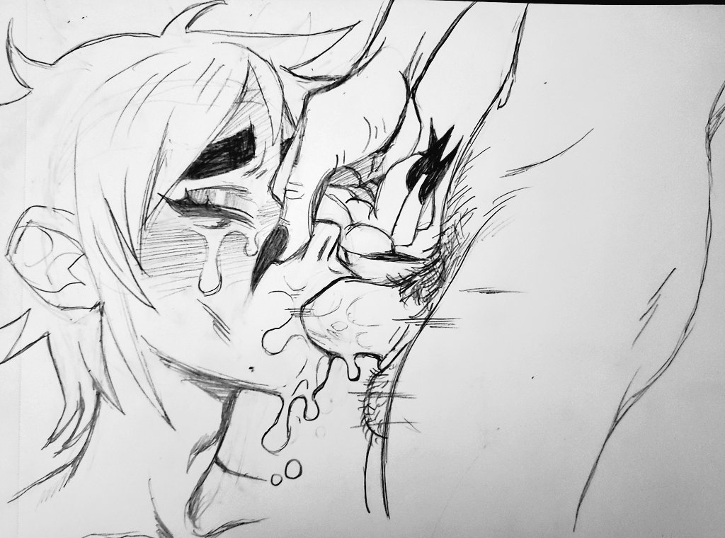 2boys, 2d (gorillaz), asphyxiation, balls, blowjob face, cum dripping down chin, cum in mouth, eyes closed, fellatio, gay, giving head, going down on, gorillaz, hairy balls, holding nose, kneeling oral position, long fingernails, male, mouthful, murdoc niccals, nude, oral, oral sex, orgasm from oral, painted fingernails, penis, penis in mouth, ren valentine, sketch, sucking off, swallowing cum, tears