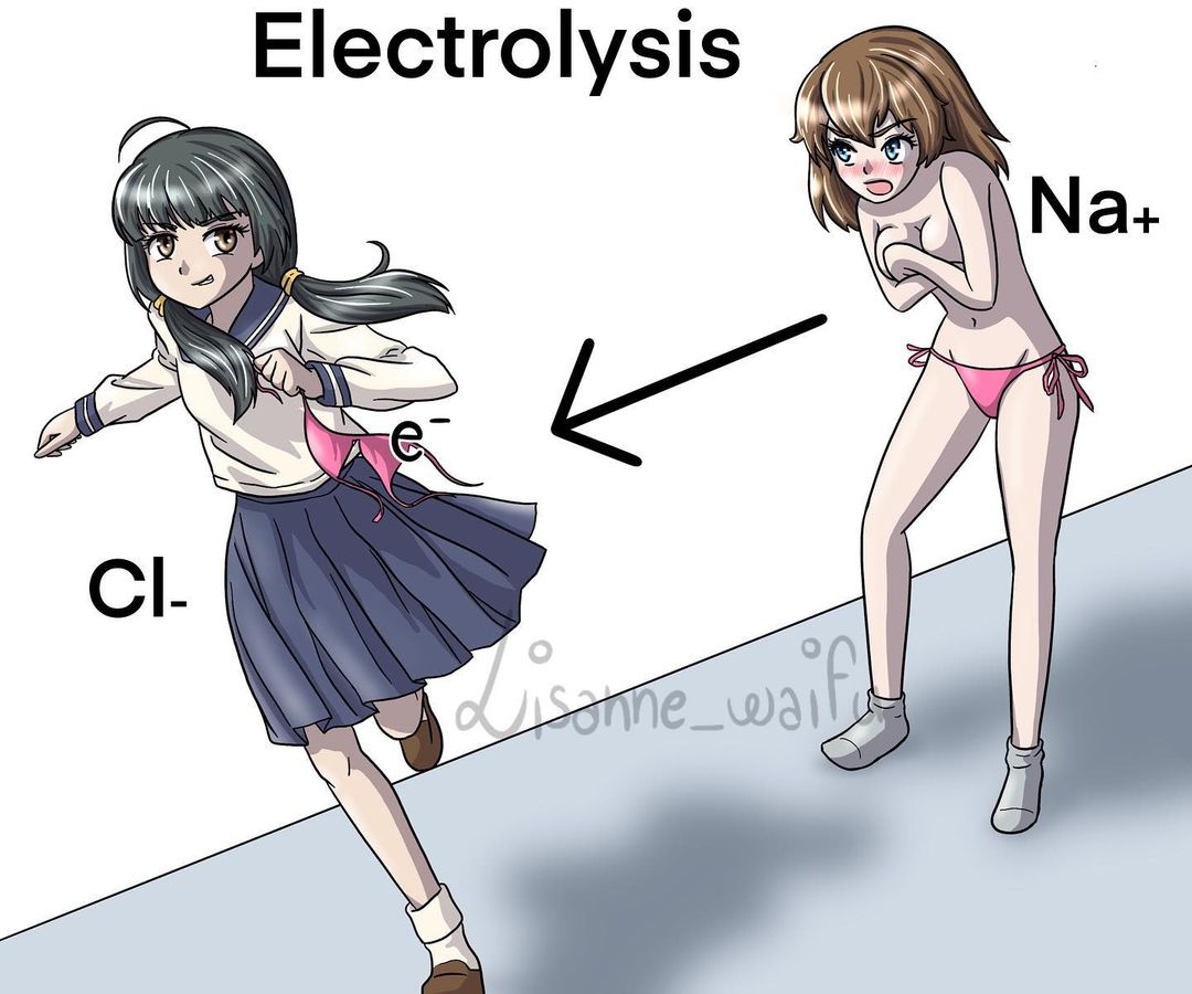 2020 2girls ahoge angry arrow artist_name bikini bikini_bottom bikini_top black_hair blush breast_squish breasts brown_eyes brown_hair chemical_element chlorine cleavage clothed clothing covering covering_breasts educational electrolysis electron embarrassed english_text eyebrows_visible_through_hair female female_only green_eyes hair_between_eyes highres lisanne_waifu looking_at_another looking_back low_twintails medium_breasts multiple_girls navel open_mouth original personification pink_bikini pleated_skirt running running_away school_uniform science serafuku shirt shoes side-tie_bikini skirt smirk socks sodium standing stealing stealing_clothes surprised swimsuit teeth text thighs tied_hair topless twintails watermark