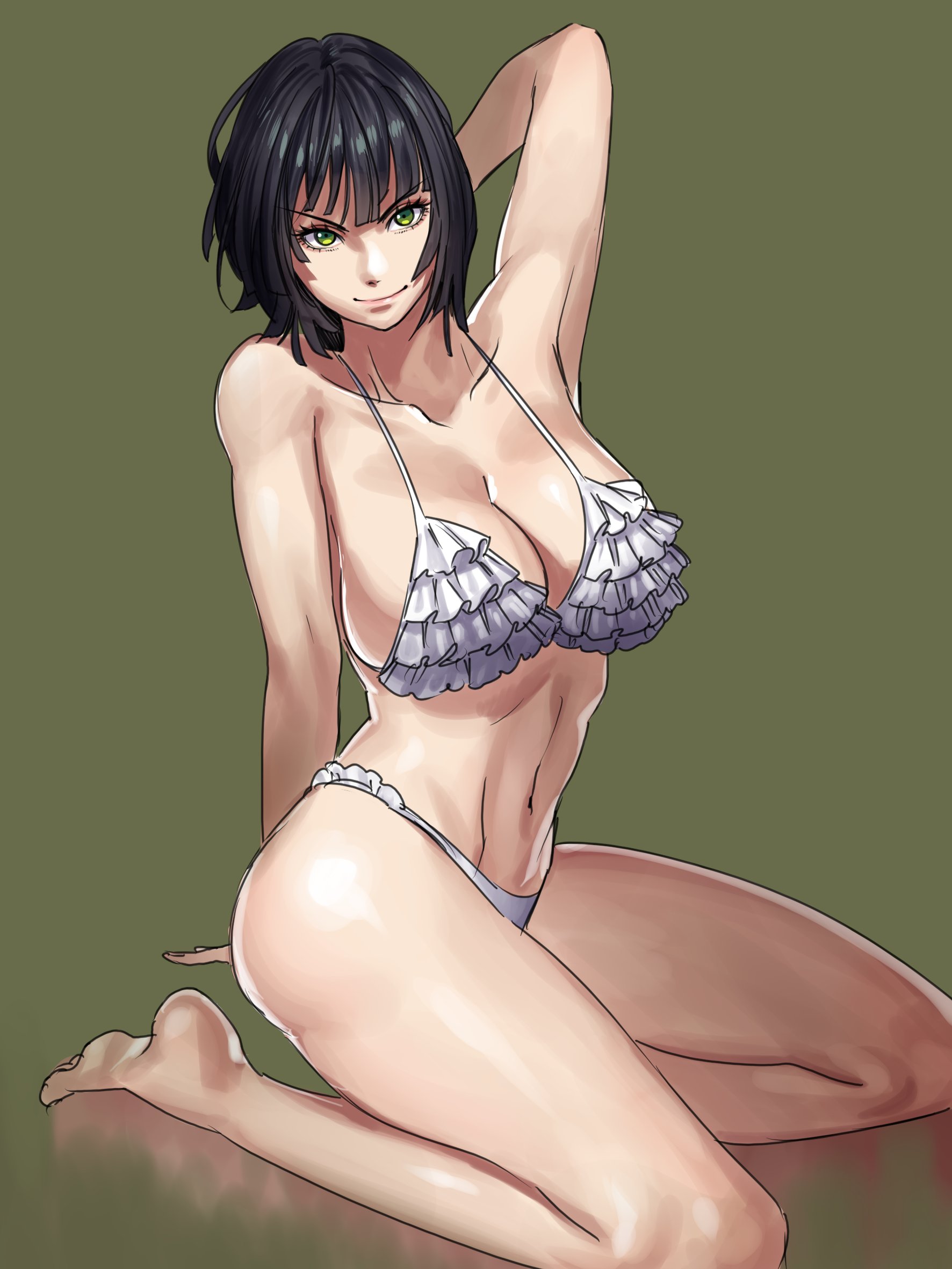 1girls, absurd res, arm up, ass, bangs, bare shoulders, belly, belly button, big ass, big breasts, big butt, bikini, bikini bottom, bikini top, bob cut, breasts, busty, cleavage, collarbone, curvaceous, curvy, curvy body, curvy female, curvy figure, dark green hair, eye contact, eyelashes, feet, female, female focus, female only, fringe, fubuki (one-punch man), full body, green background, green eyes, green hair, hanny (uirusu chan), heroine, highres, hips, hourglass figure, kneeling, large breasts, legs, light skin, light-skinned female, lips, lipstick, looking at viewer, medium hair, midriff, navel, on floor, on knees, one-punch man, pink lips, pink lipstick, pose, reflection, shiny skin, short hair, slim, slim waist, smile, smiling, smiling at viewer, smirk, solo, solo female, solo focus, stomach, swimsuit, swimwear, thick, thick ass, thick legs, thick thighs, thighs, thin waist, toes, toned, toned body, toned female, toned stomach, voluptuous, waist, wide hips